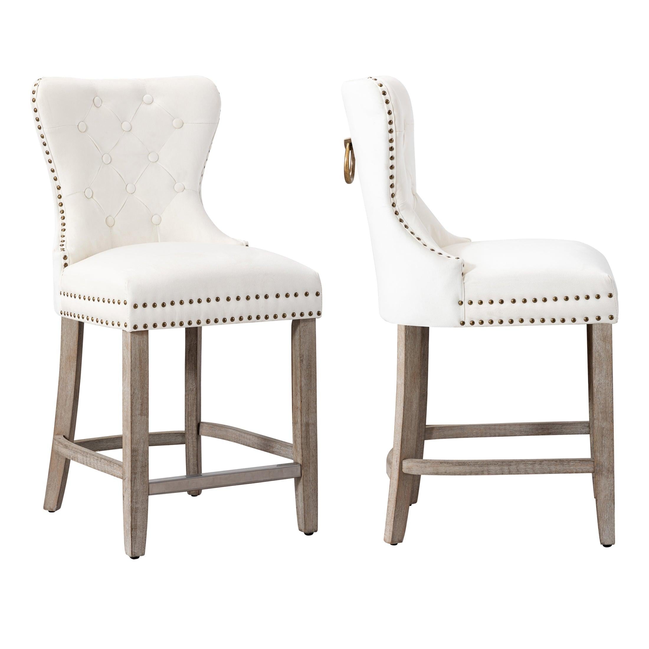 Hank 24" Tufted Velvet Bar Stool (Set of 2), Antique Gray/Velvet Cream