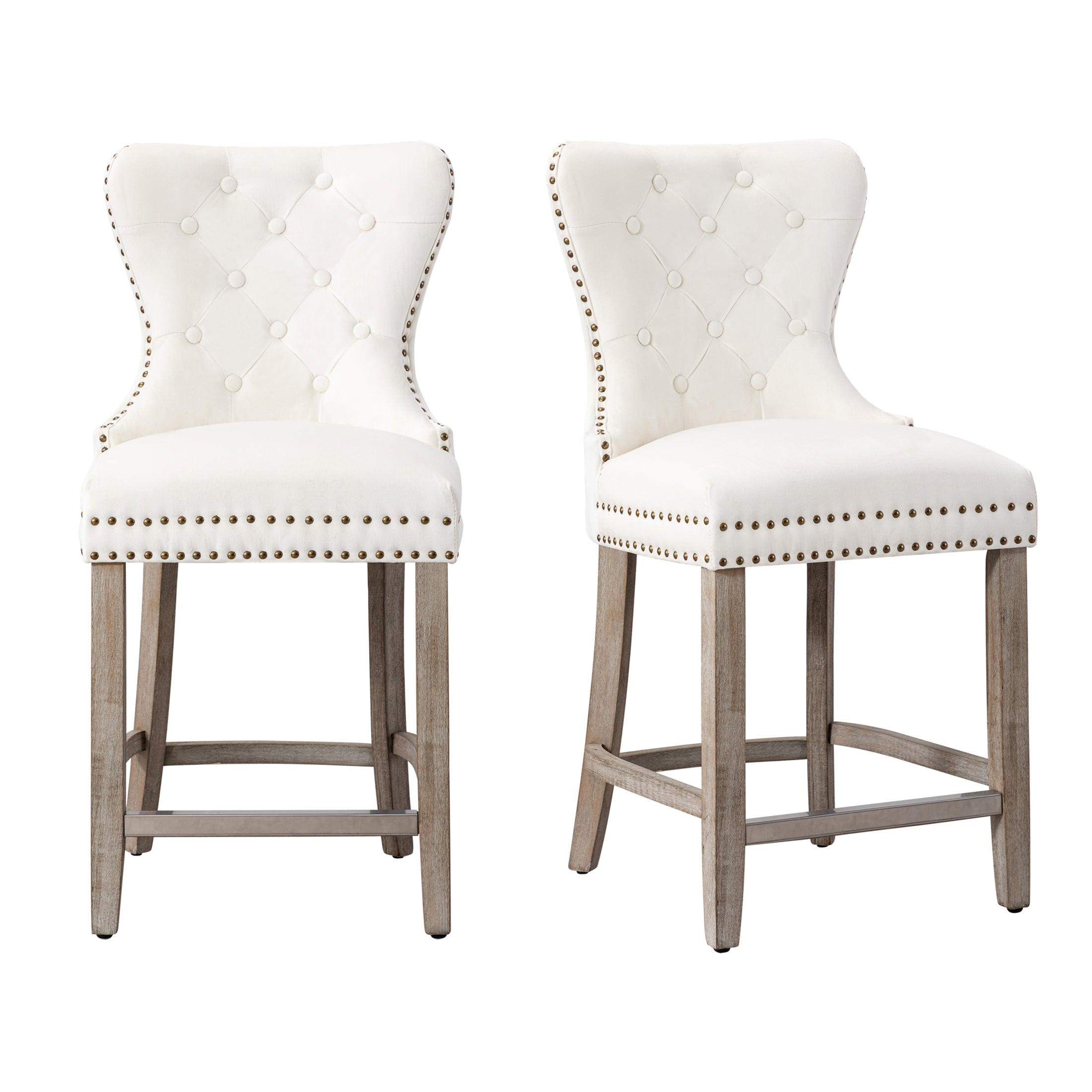 Hank 24" Tufted Velvet Bar Stool (Set of 2), Antique Gray/Velvet Cream