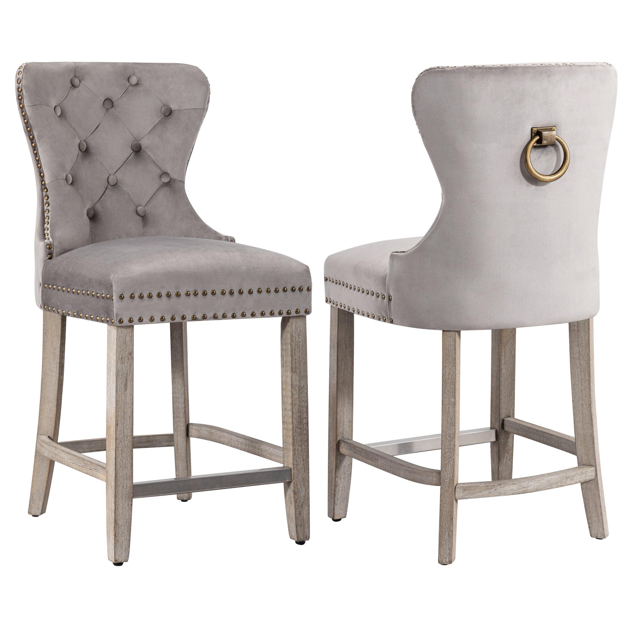 Hank 24" Tufted Velvet Bar Stool (Set of 2), Antique Gray/Velvet Gray