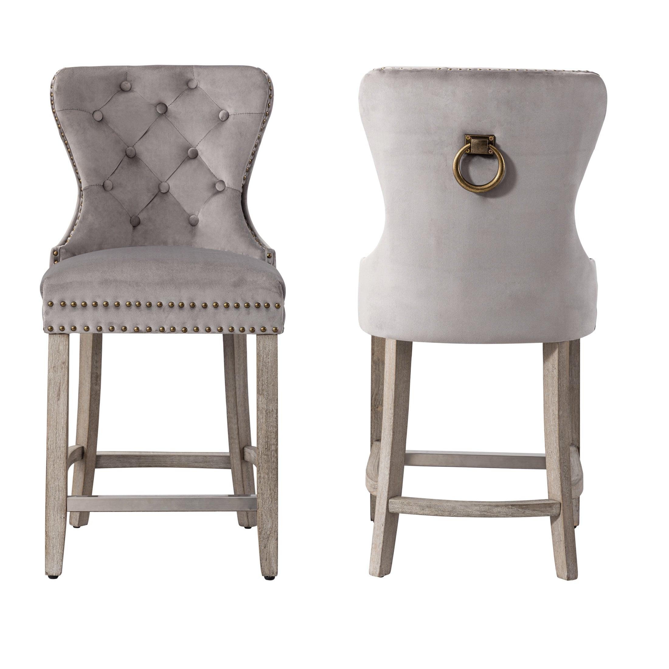 Hank 24" Tufted Velvet Bar Stool (Set of 2), Antique Gray/Velvet Gray