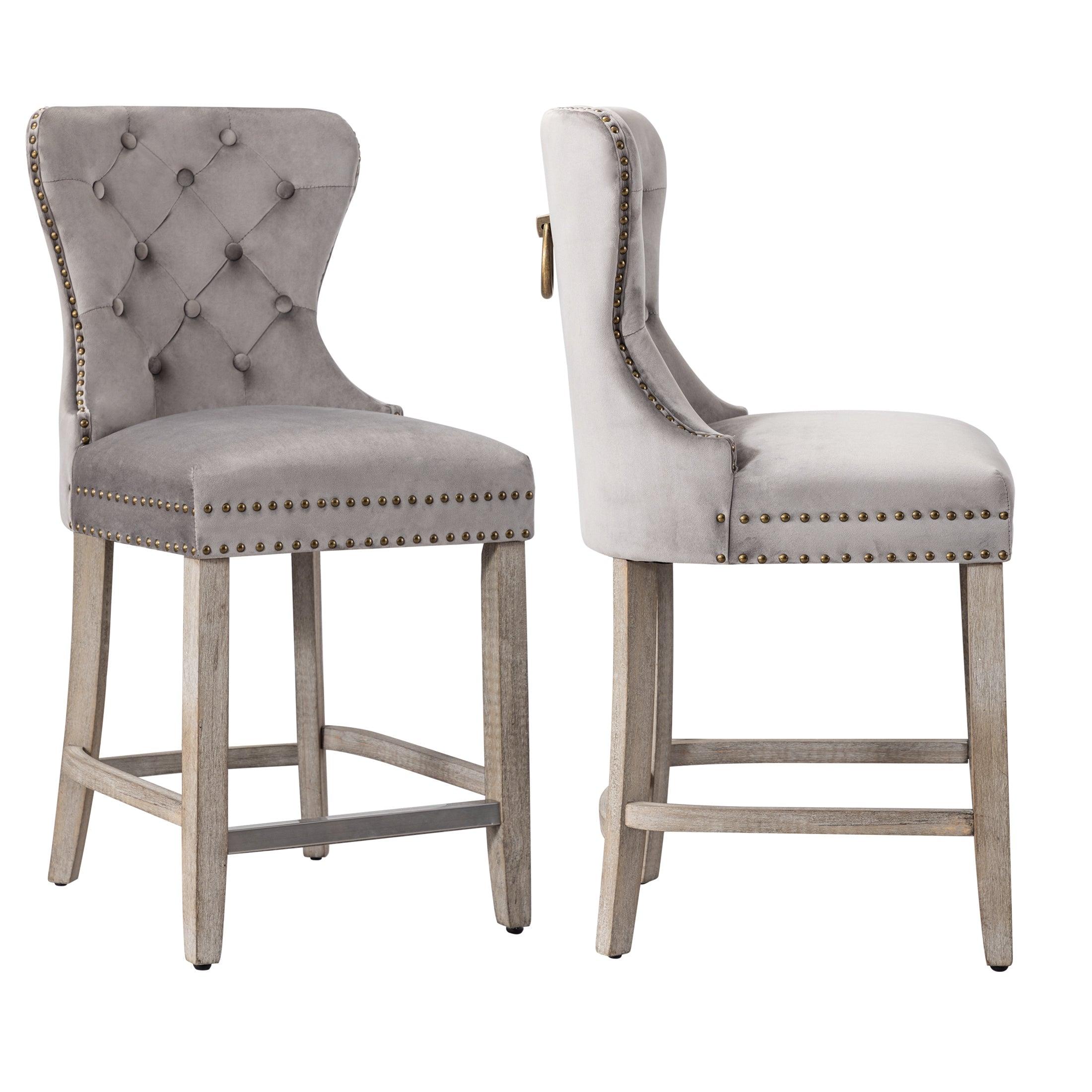 Hank 24" Tufted Velvet Bar Stool (Set of 2), Antique Gray/Velvet Gray