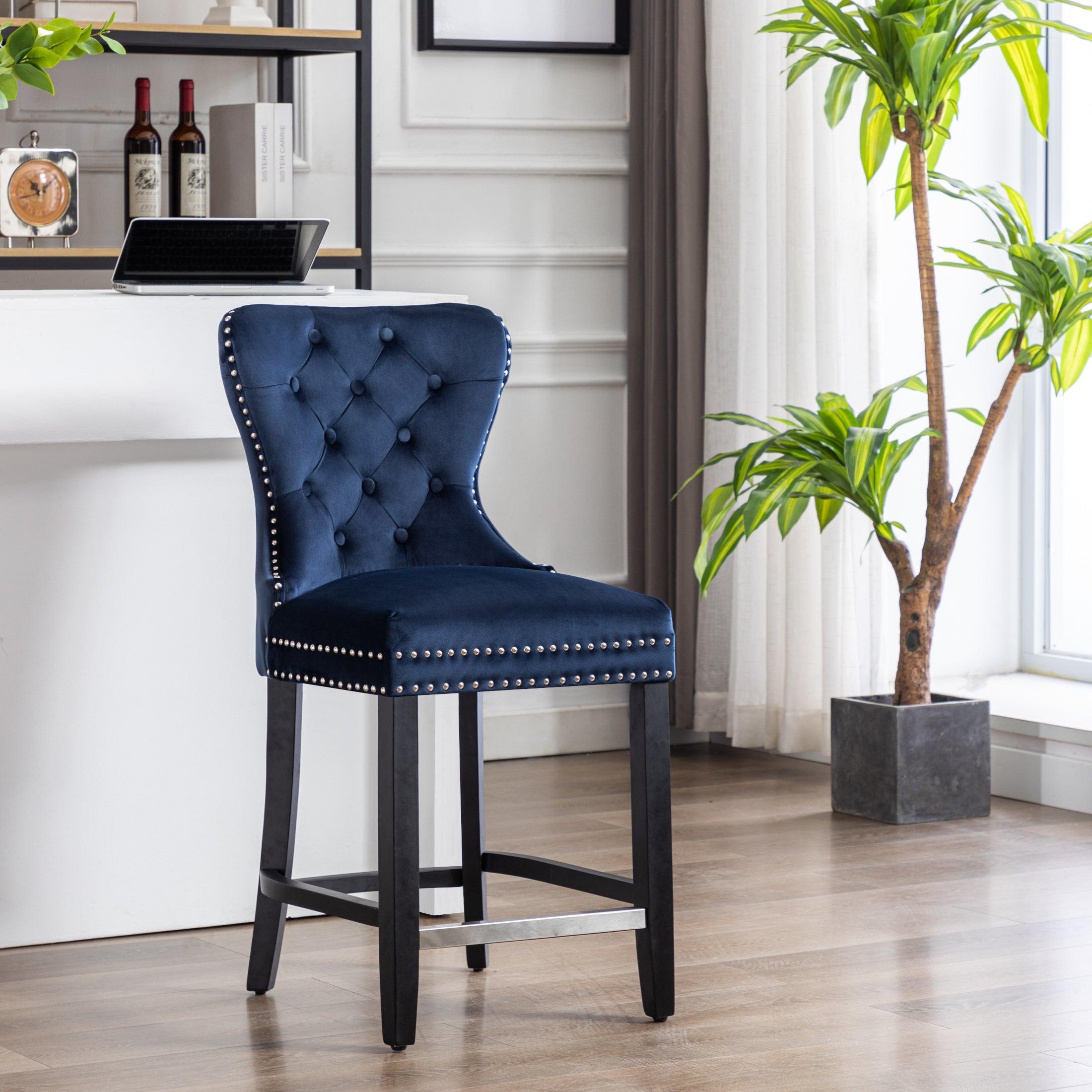 Hank 24" Tufted Velvet Bar Stool, Black/Velvet Navy Blue