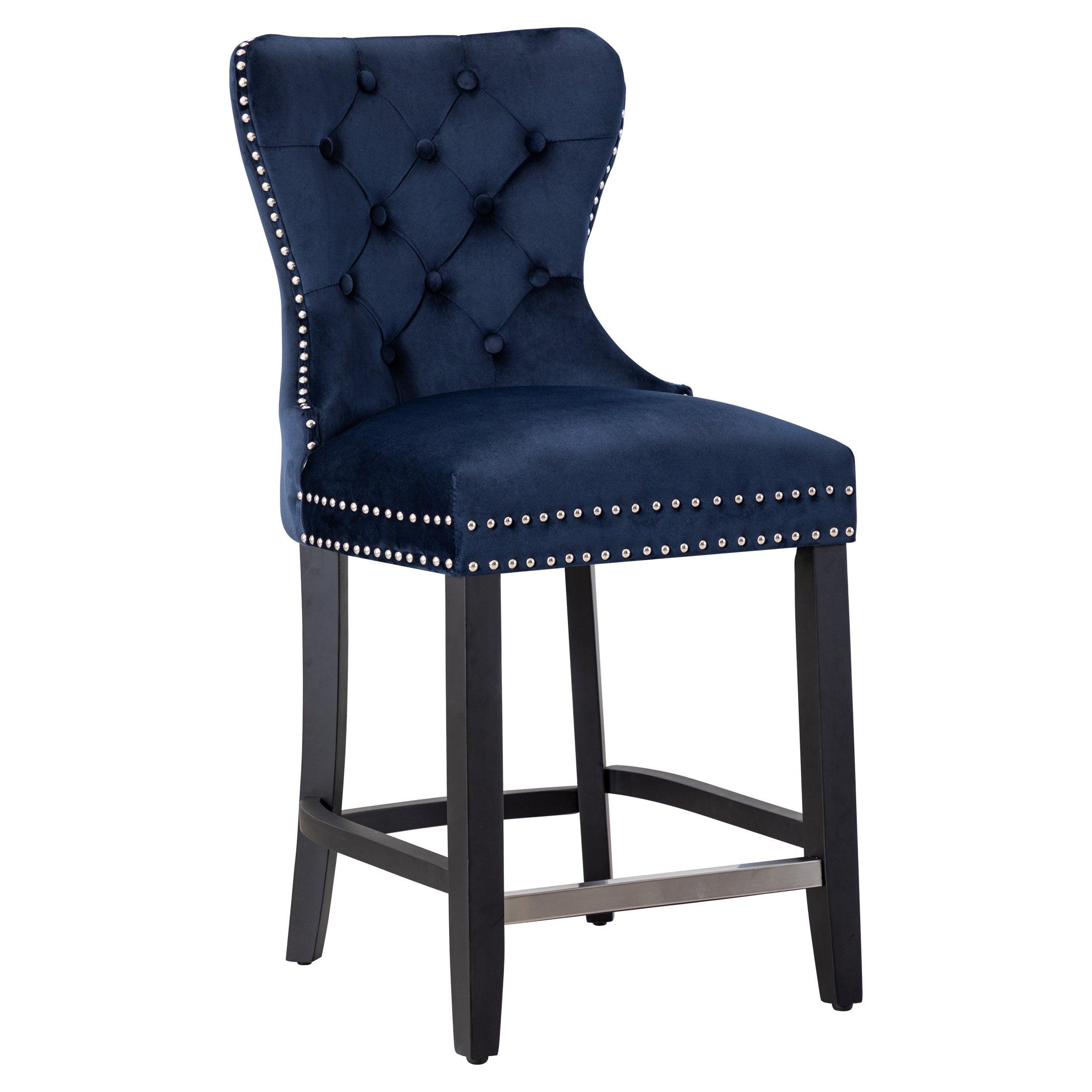 Hank 24" Tufted Velvet Bar Stool, Black/Velvet Navy Blue