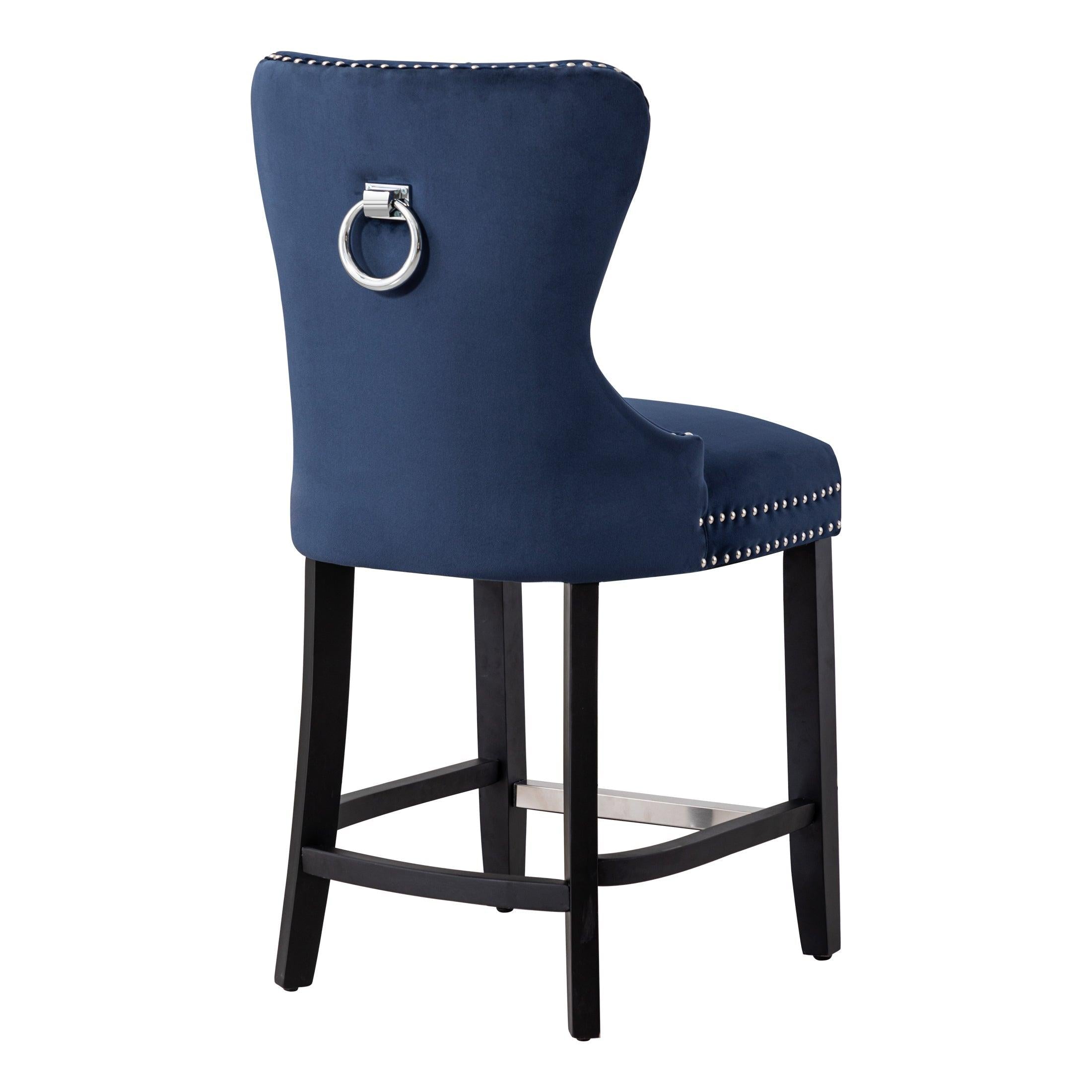 Hank 24" Tufted Velvet Bar Stool, Black/Velvet Navy Blue