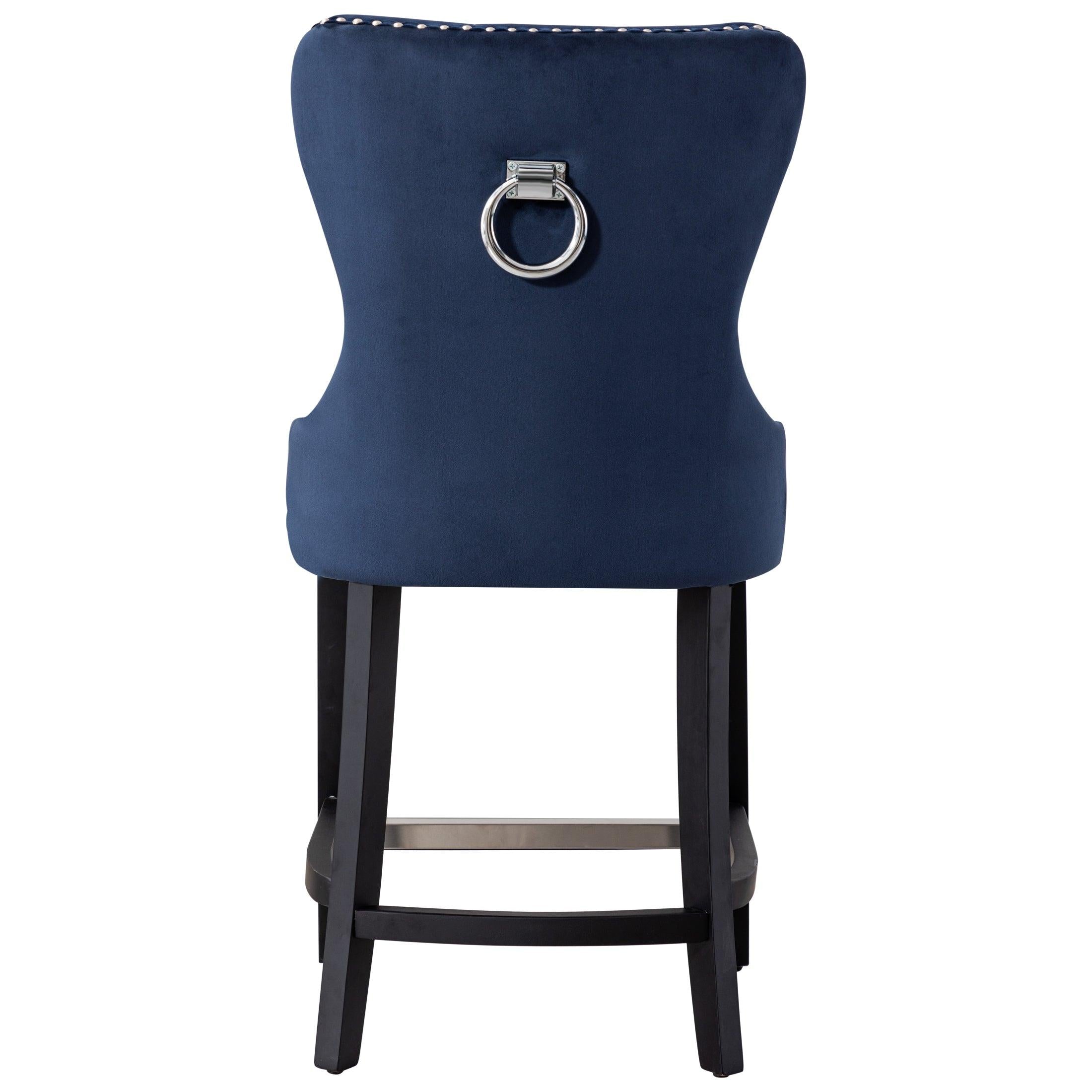 Hank 24" Tufted Velvet Bar Stool, Black/Velvet Navy Blue