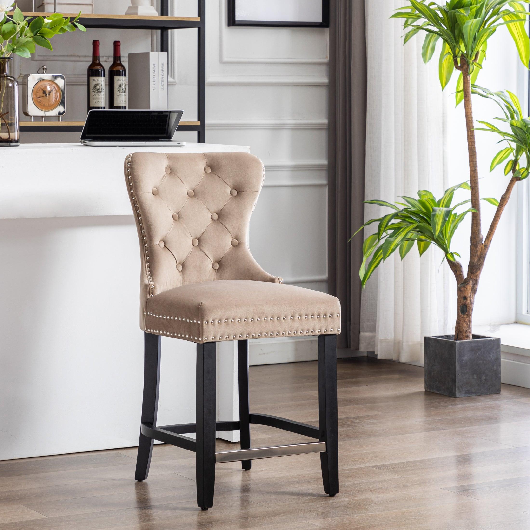 Hank 24" Tufted Velvet Bar Stool, Black/Velvet Taupe