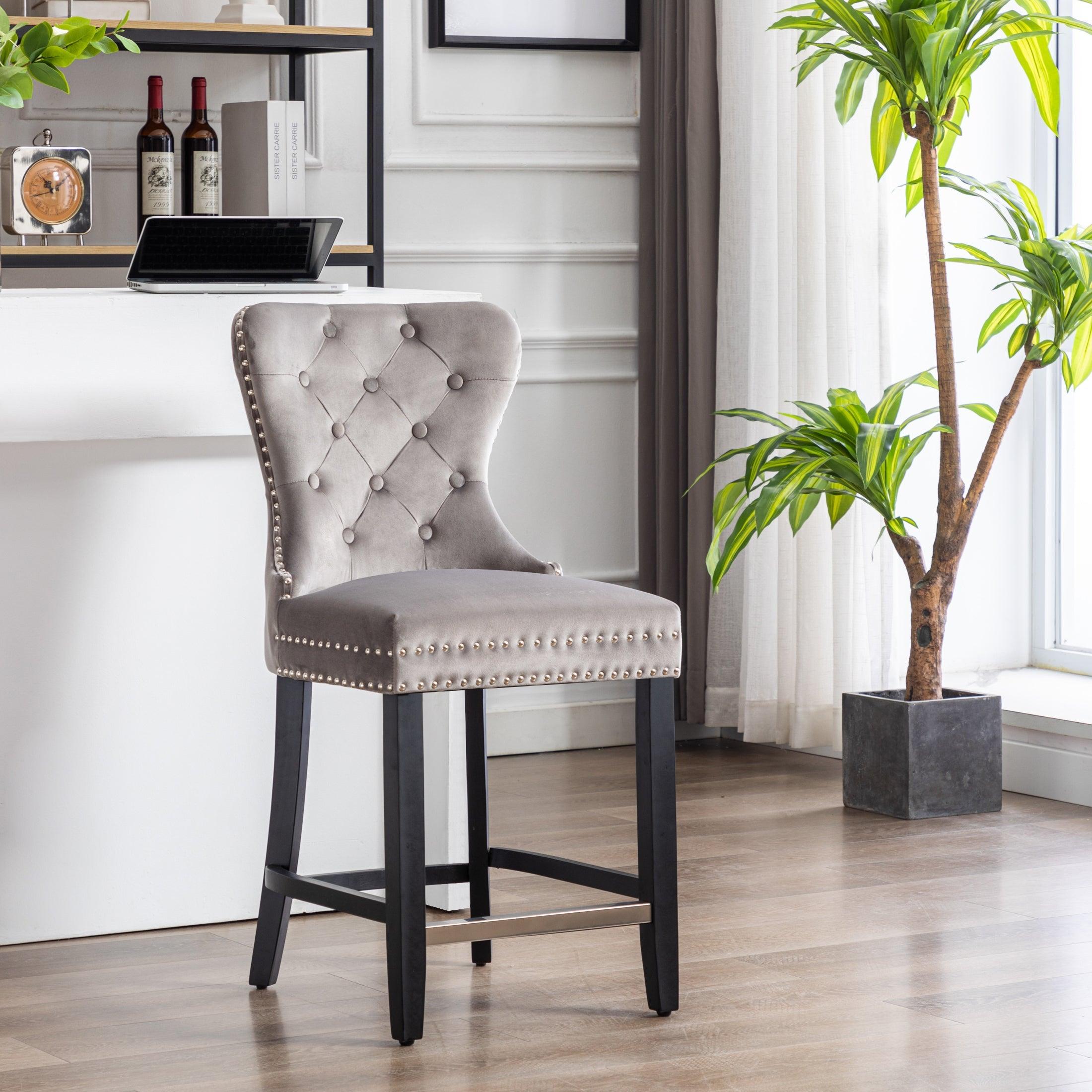 Hank 24" Tufted Velvet Bar Stool, Black/Velvet Gray