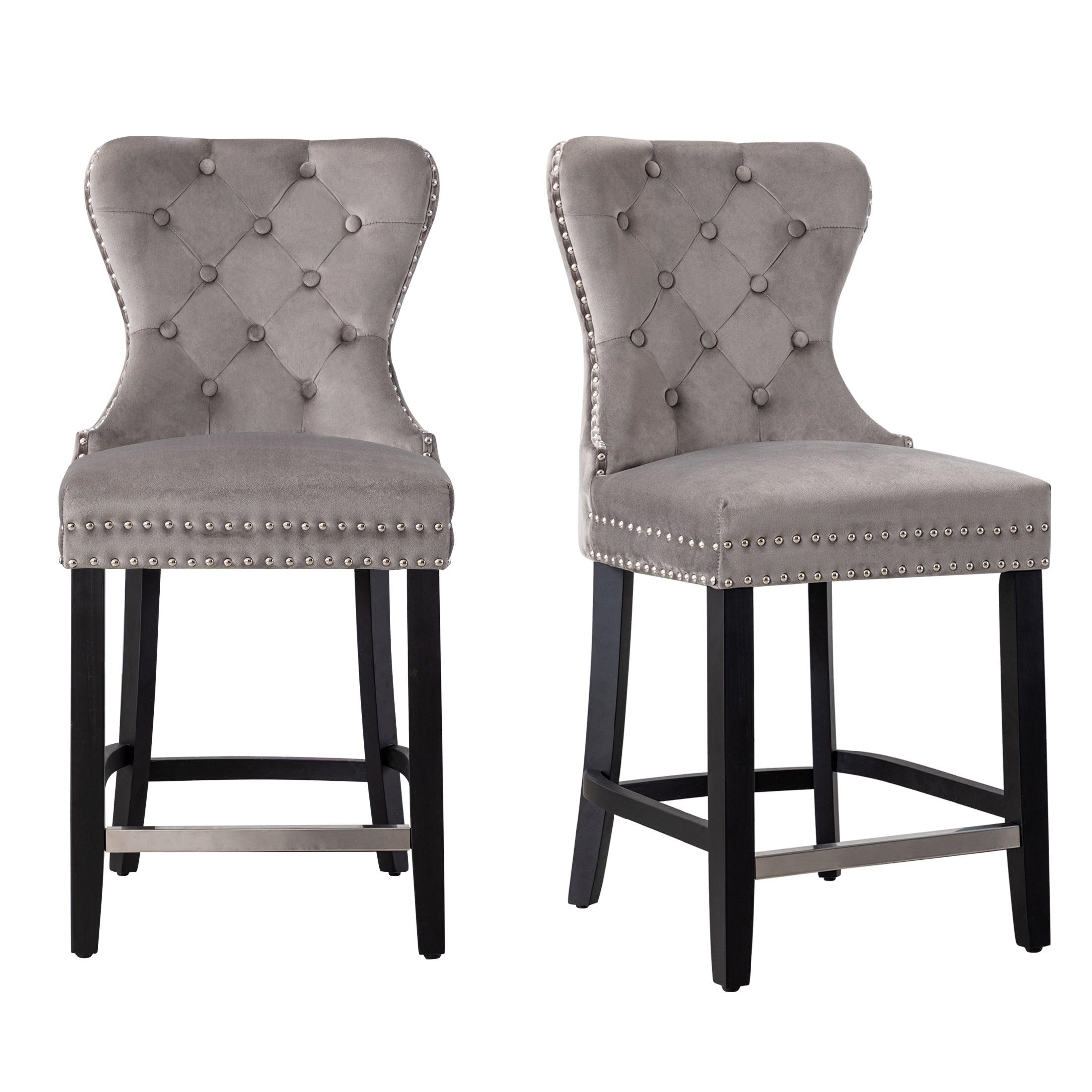 Hank 24" Tufted Velvet Bar Stool (Set of 2), Black/Velvet Gray