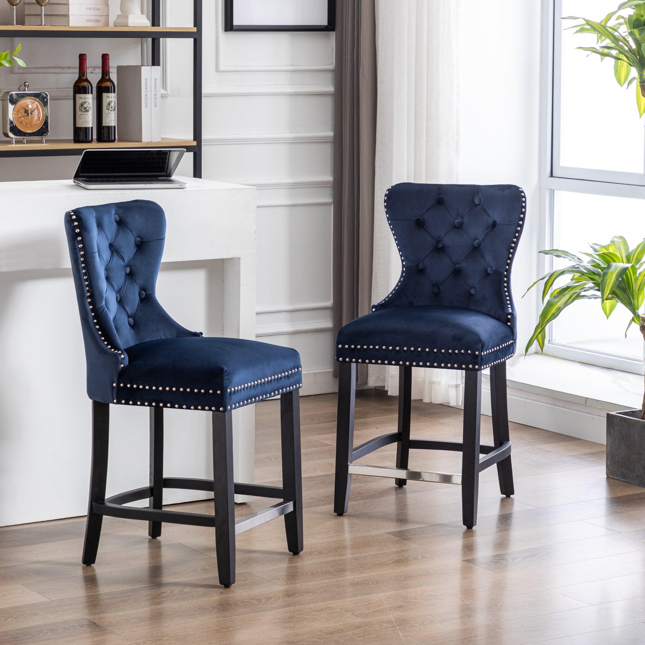 Hank 24" Tufted Velvet Bar Stool (Set of 2), Black/Velvet Navy Blue