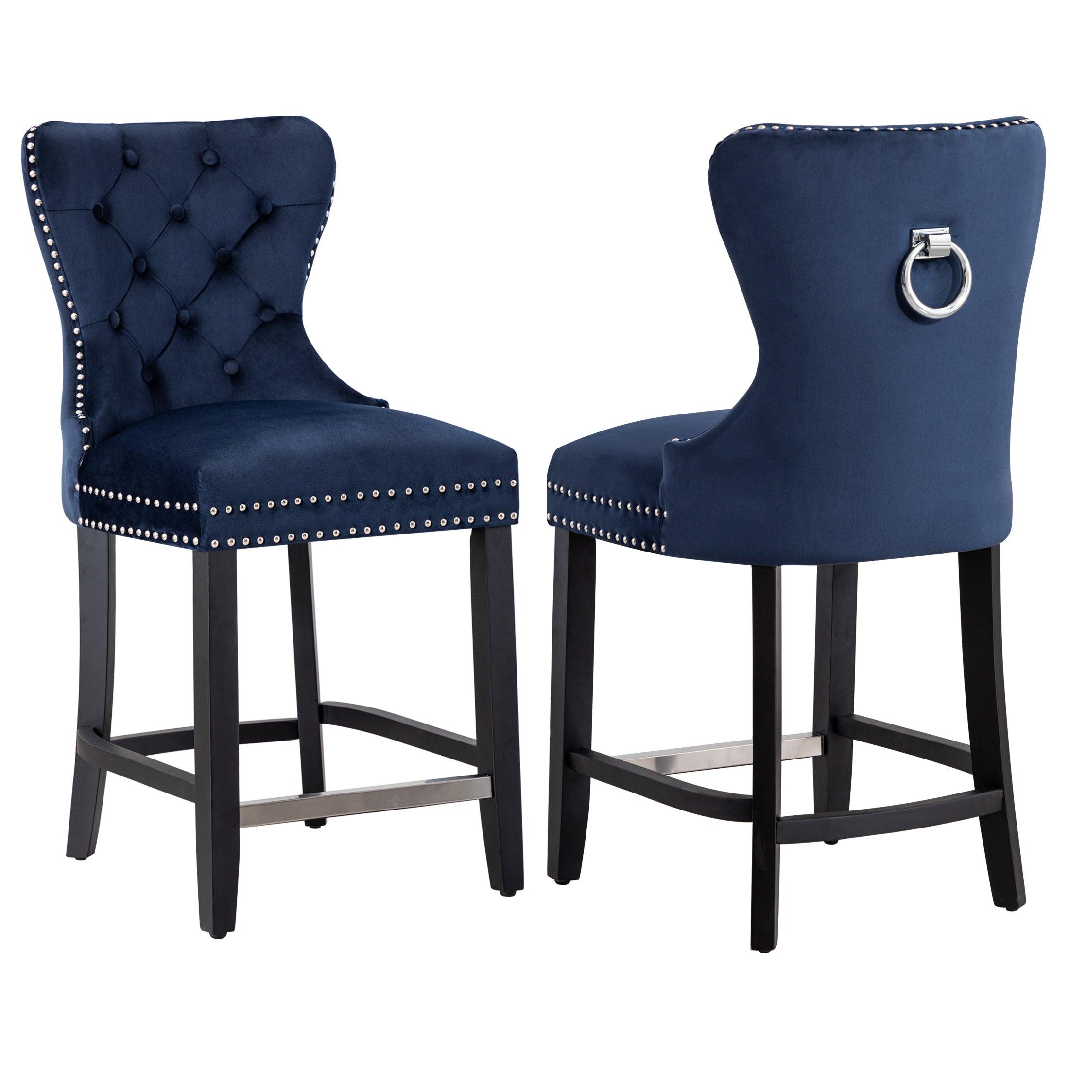 Hank 24" Tufted Velvet Bar Stool (Set of 2), Black/Velvet Navy Blue