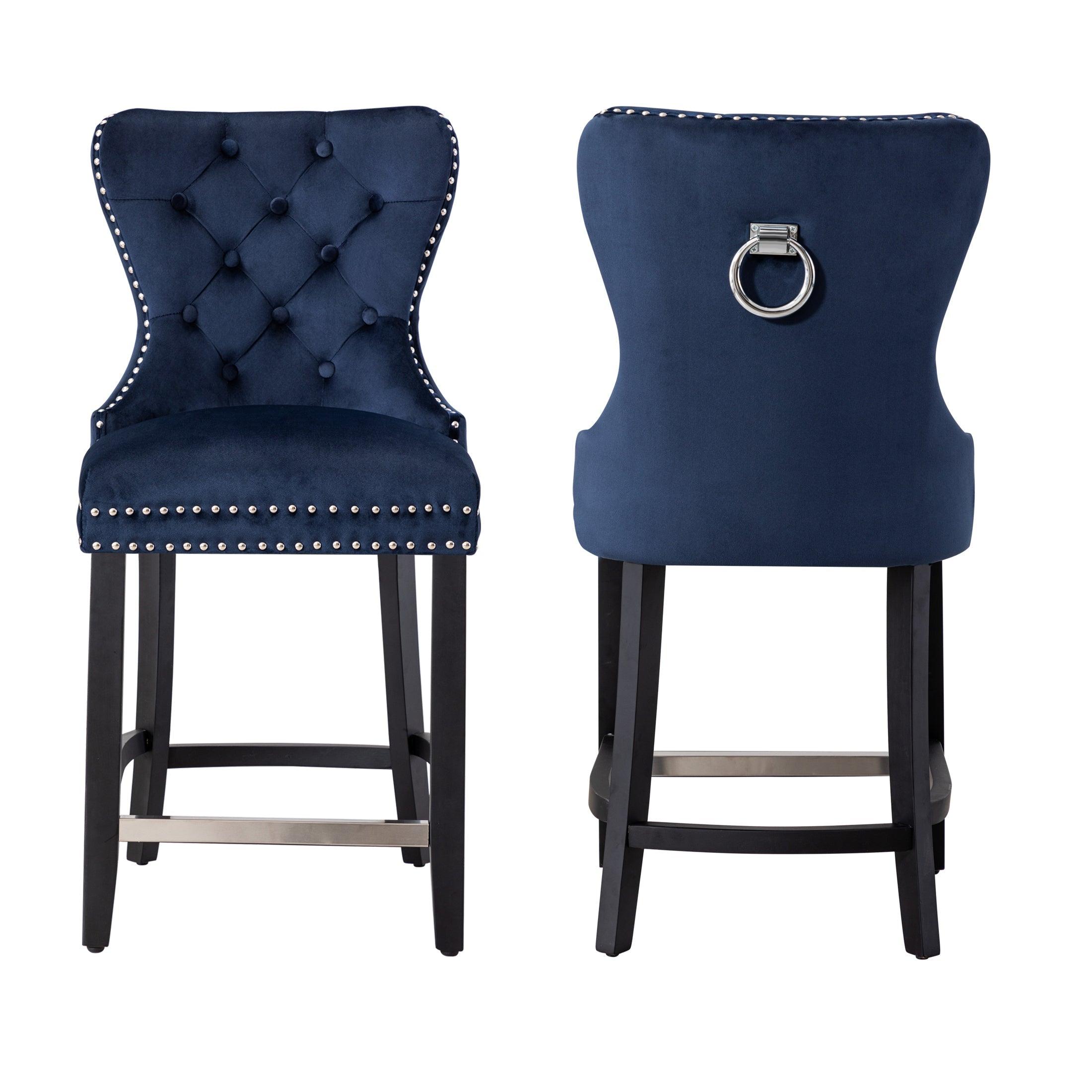 Hank 24" Tufted Velvet Bar Stool (Set of 2), Black/Velvet Navy Blue