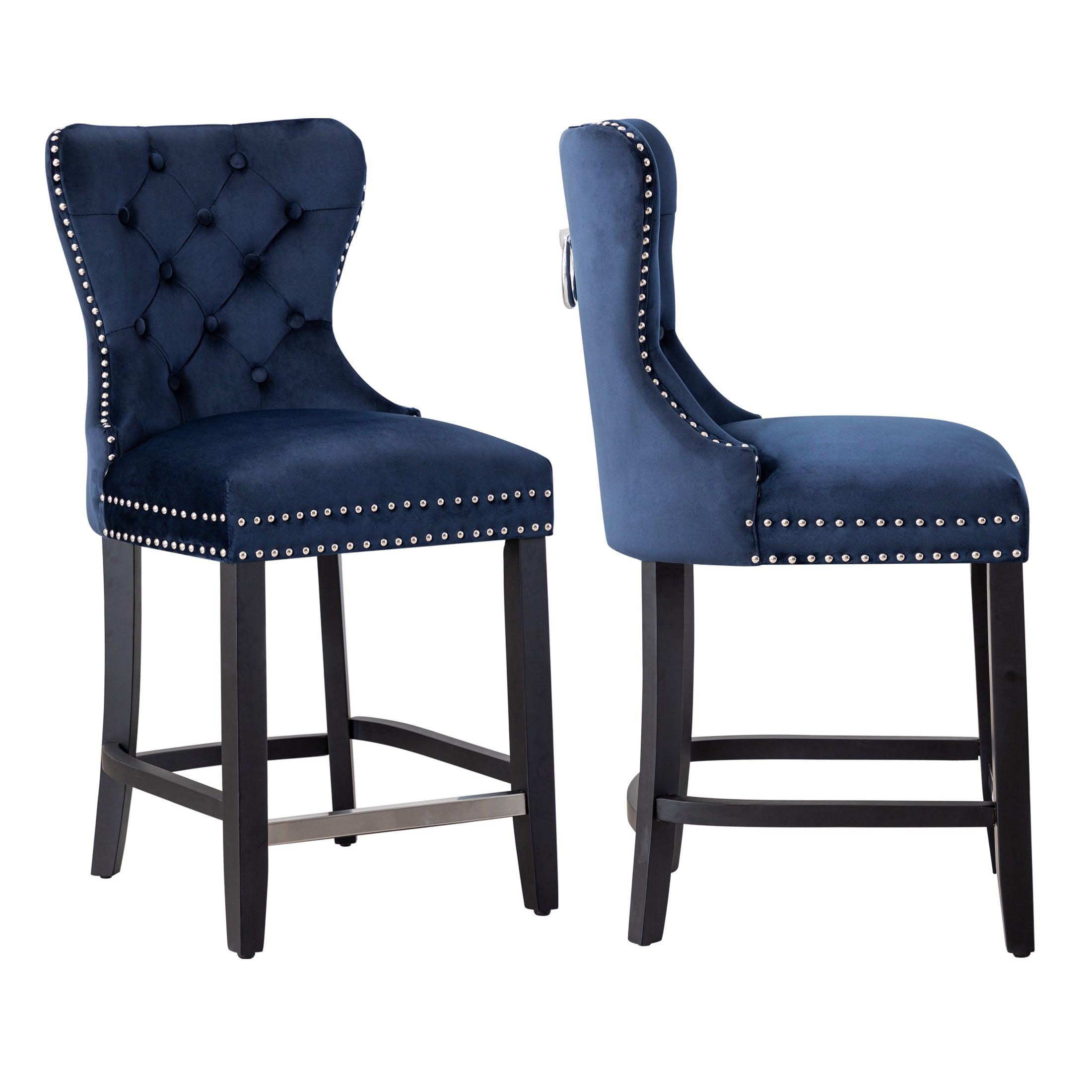 Hank 24" Tufted Velvet Bar Stool (Set of 2), Black/Velvet Navy Blue