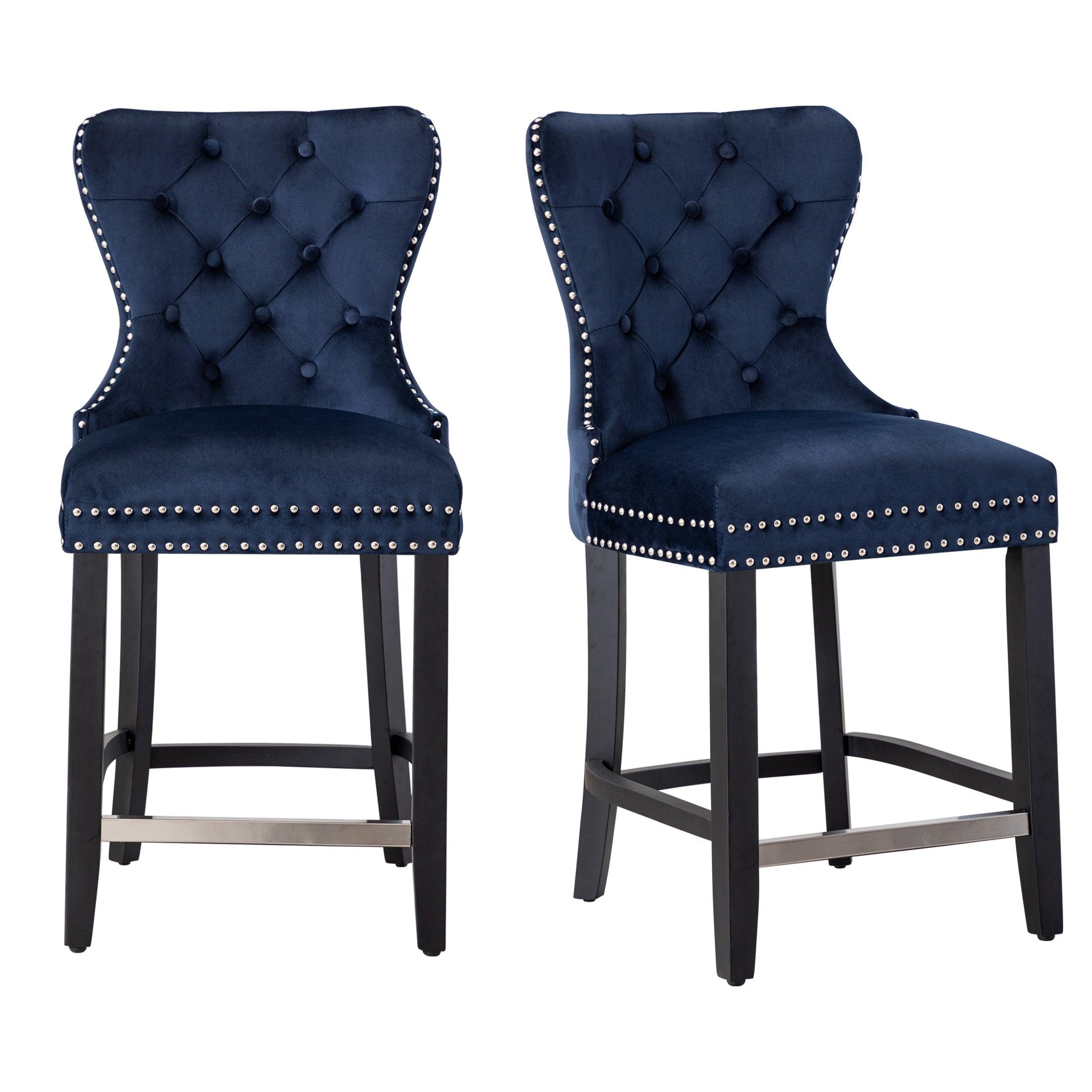 Hank 24" Tufted Velvet Bar Stool (Set of 2), Black/Velvet Navy Blue