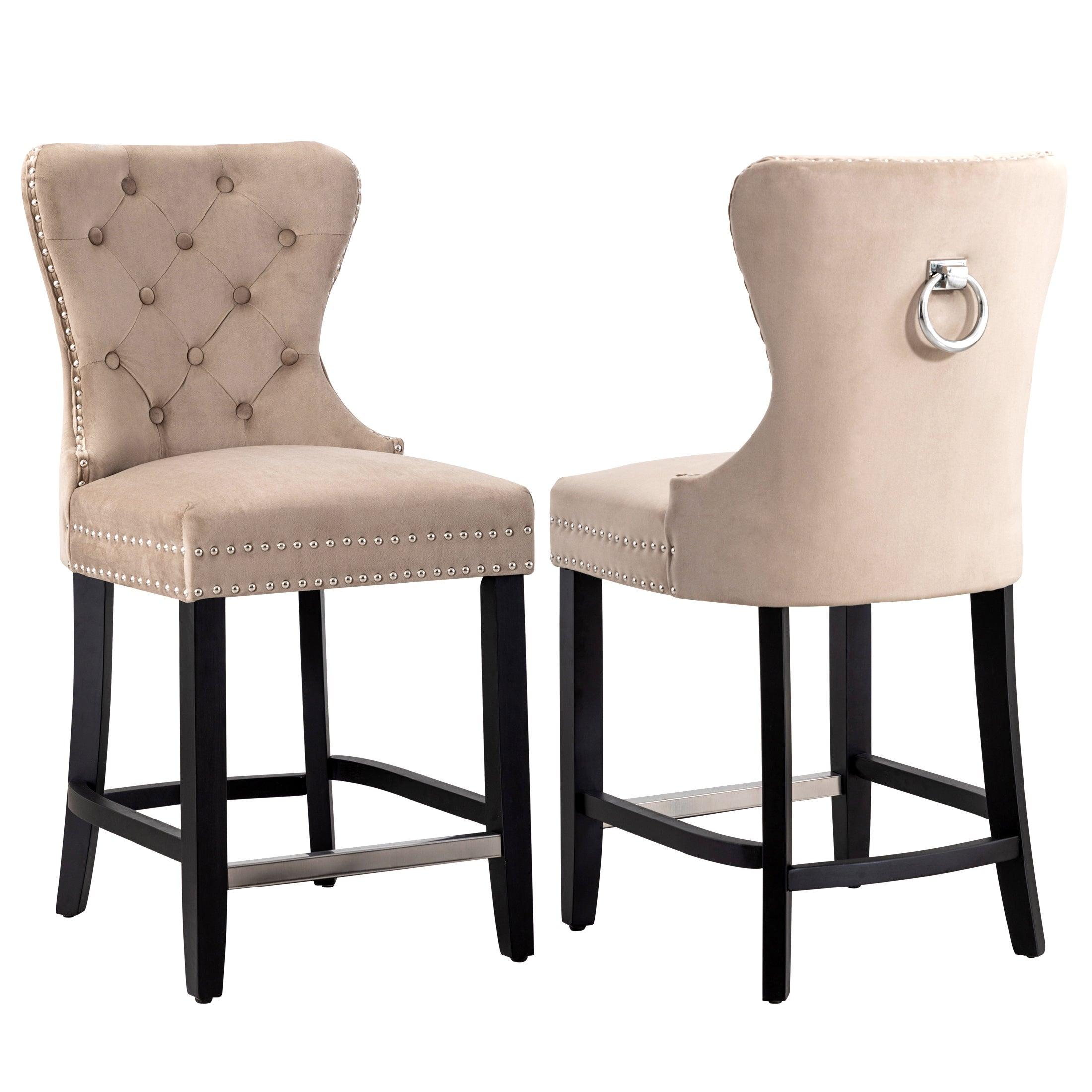 Hank 24" Tufted Velvet Bar Stool (Set of 2), Black/Velvet Taupe