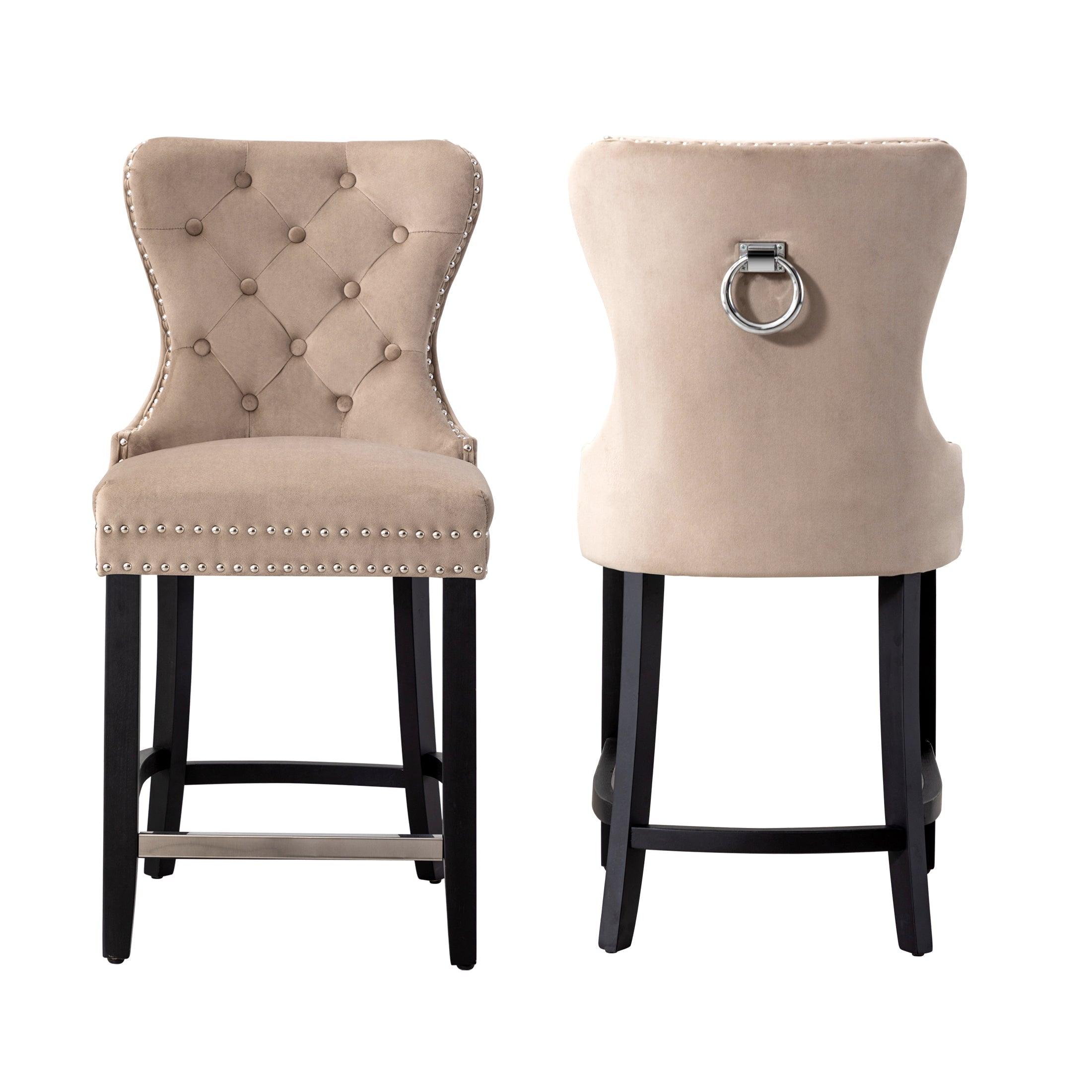 Hank 24" Tufted Velvet Bar Stool (Set of 2), Black/Velvet Taupe