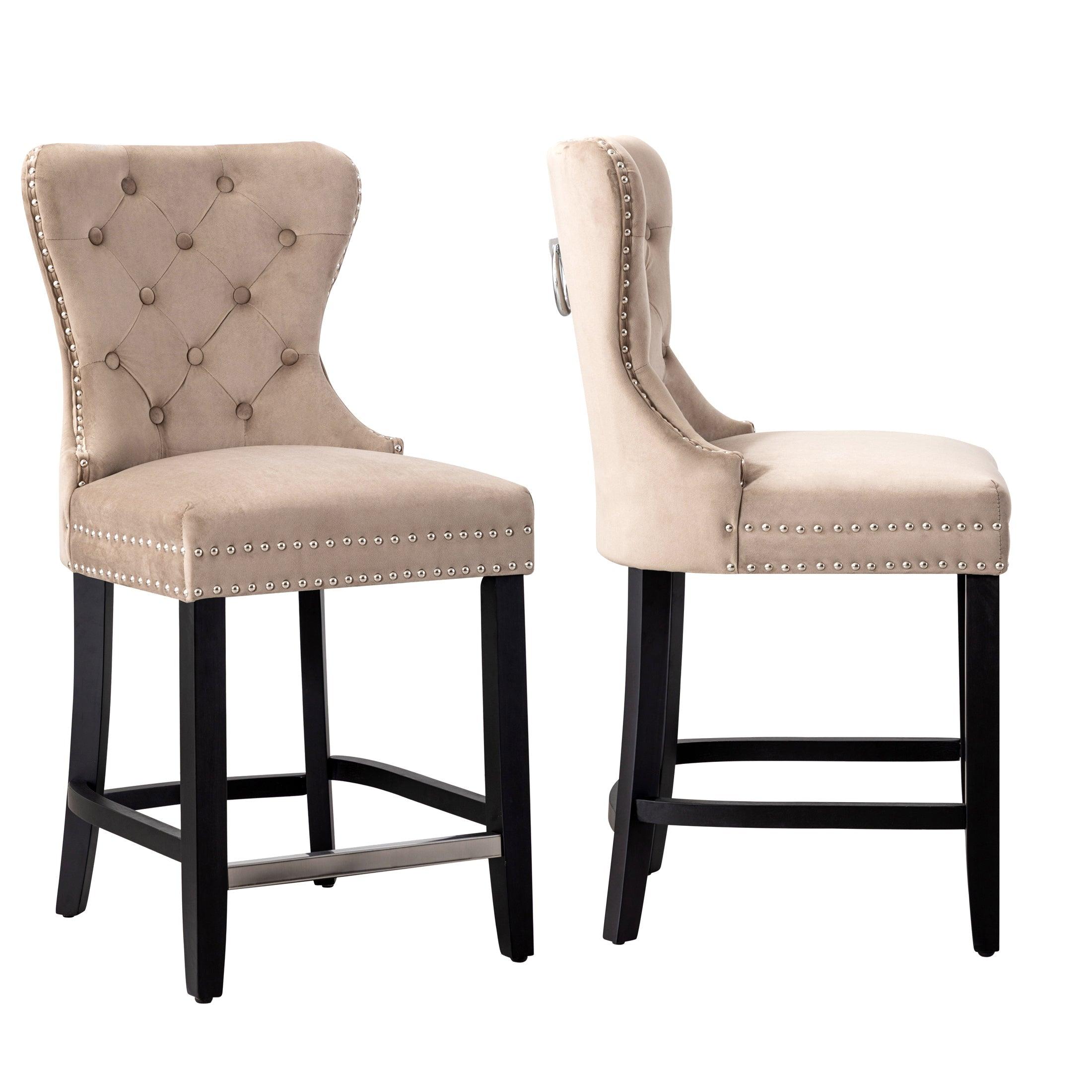 Hank 24" Tufted Velvet Bar Stool (Set of 2), Black/Velvet Taupe