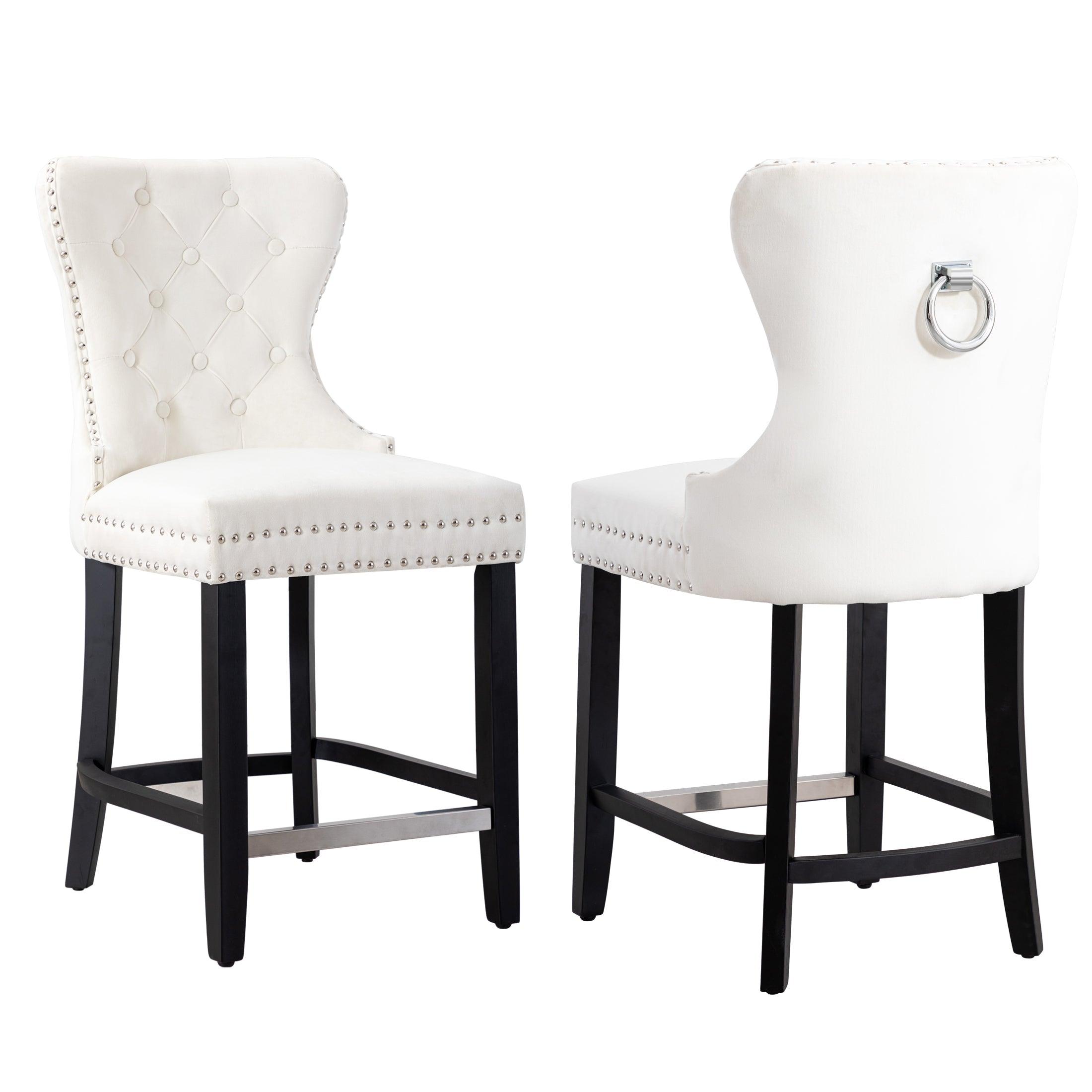 Hank 24" Tufted Velvet Bar Stool (Set of 2), Black/Velvet Cream