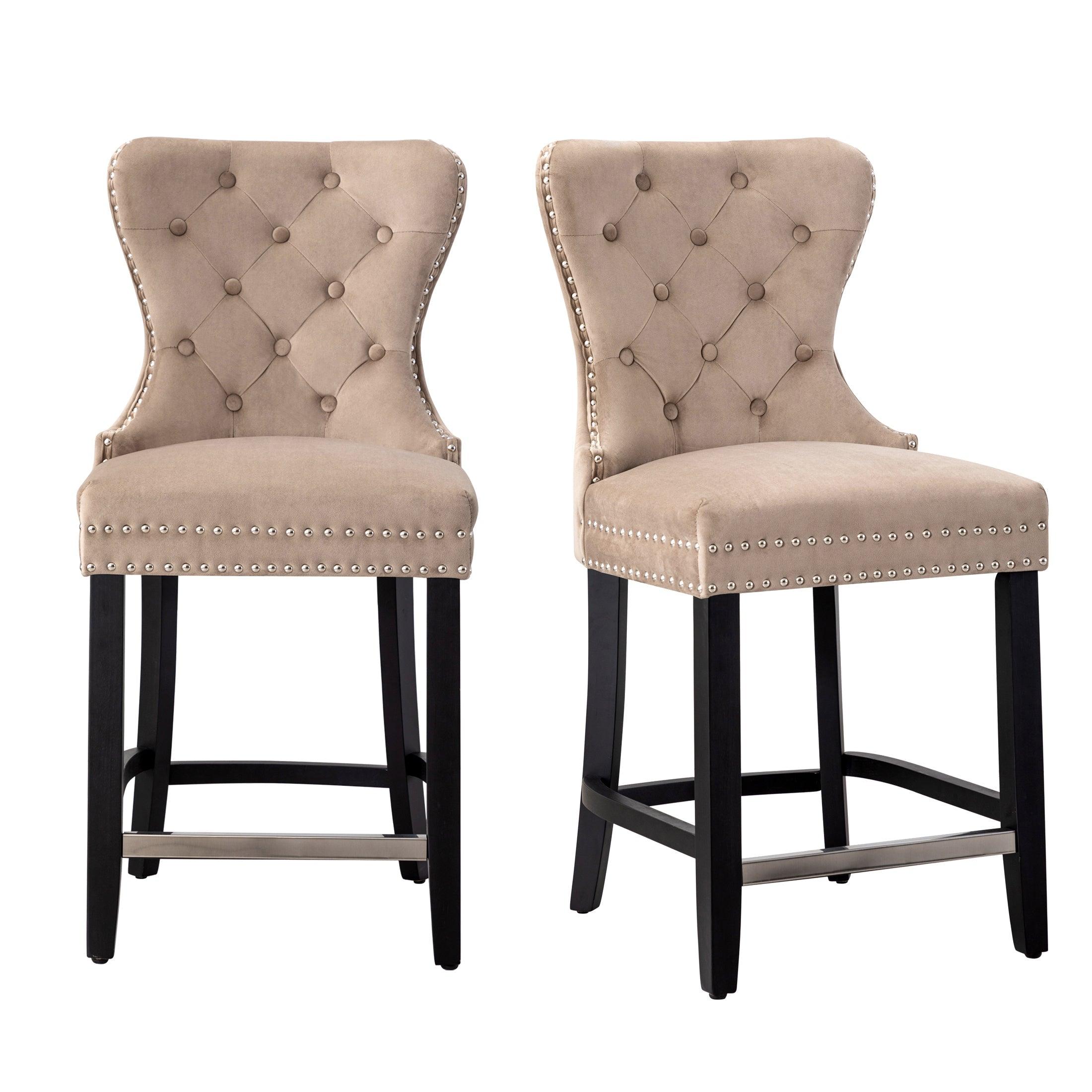 Hank 24" Tufted Velvet Bar Stool (Set of 2), Black/Velvet Taupe