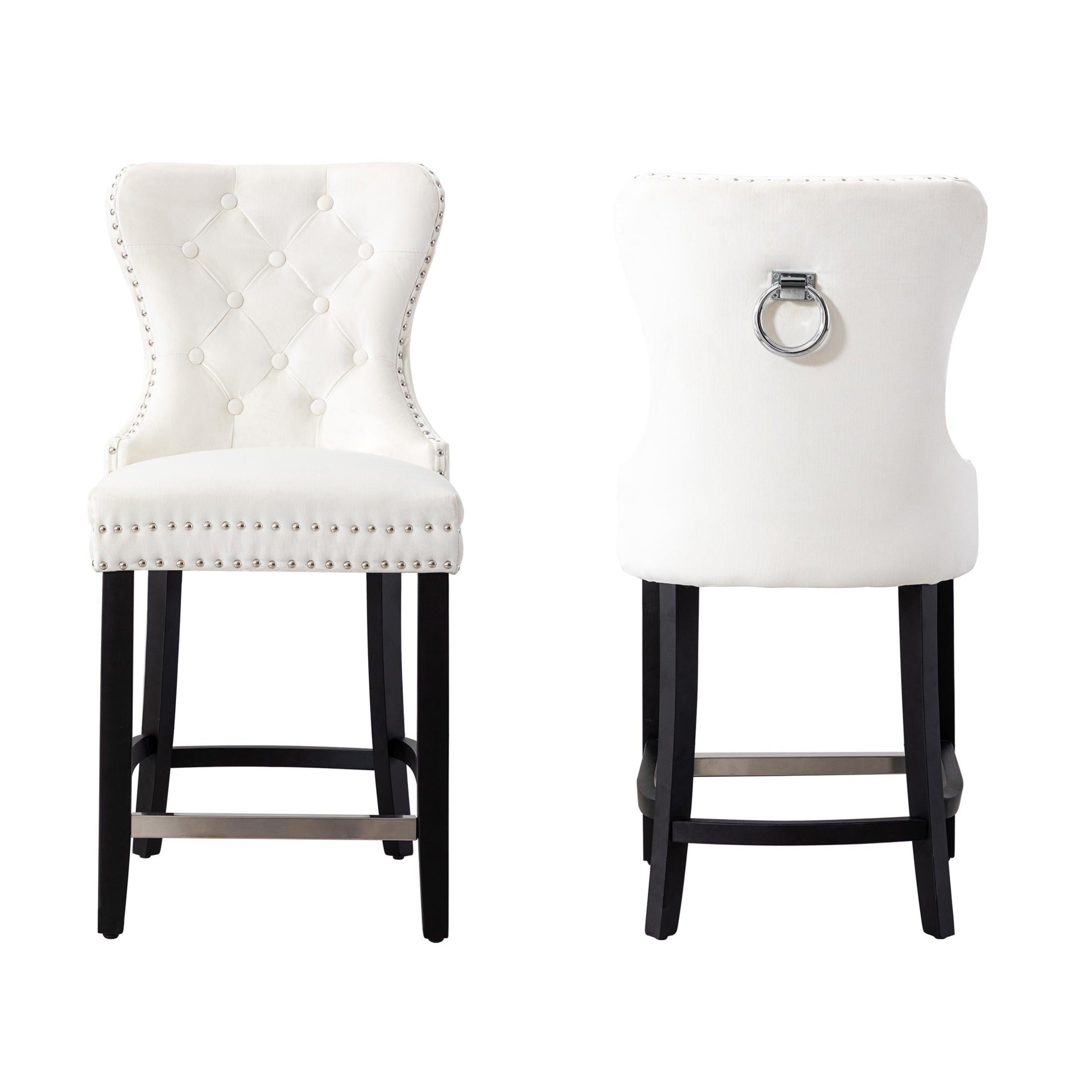 Hank 24" Tufted Velvet Bar Stool (Set of 2), Black/Velvet Cream