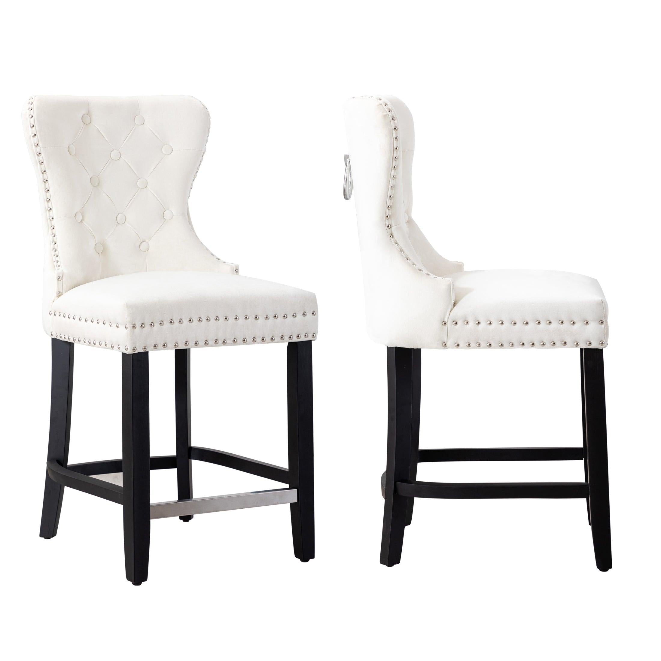 Hank 24" Tufted Velvet Bar Stool (Set of 2), Black/Velvet Cream