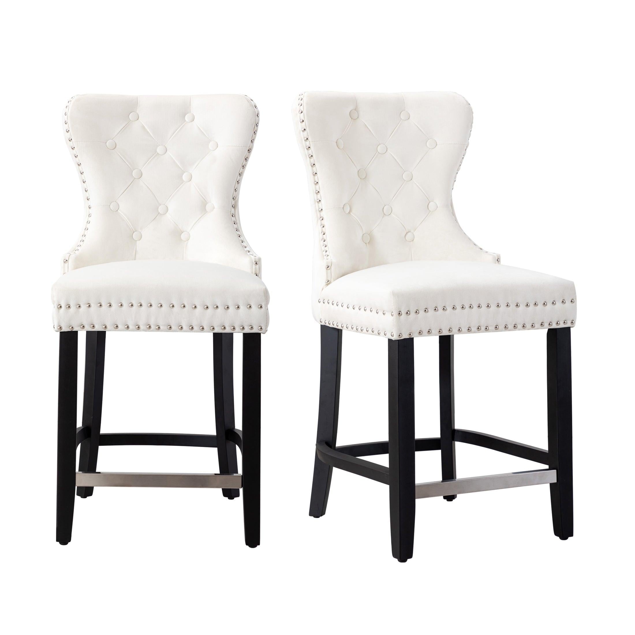 Hank 24" Tufted Velvet Bar Stool (Set of 2), Black/Velvet Cream