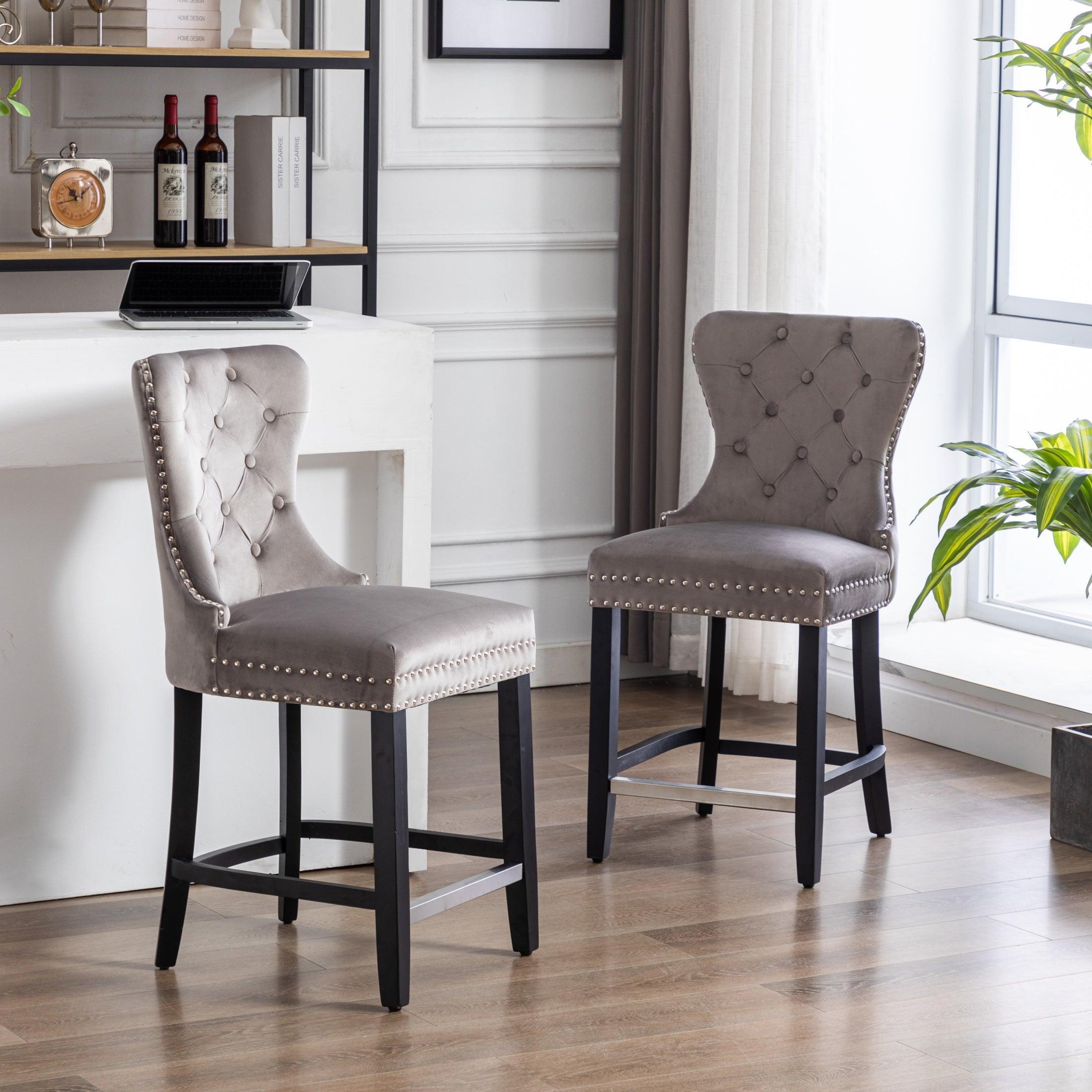 Hank 24" Tufted Velvet Bar Stool (Set of 2), Black/Velvet Gray