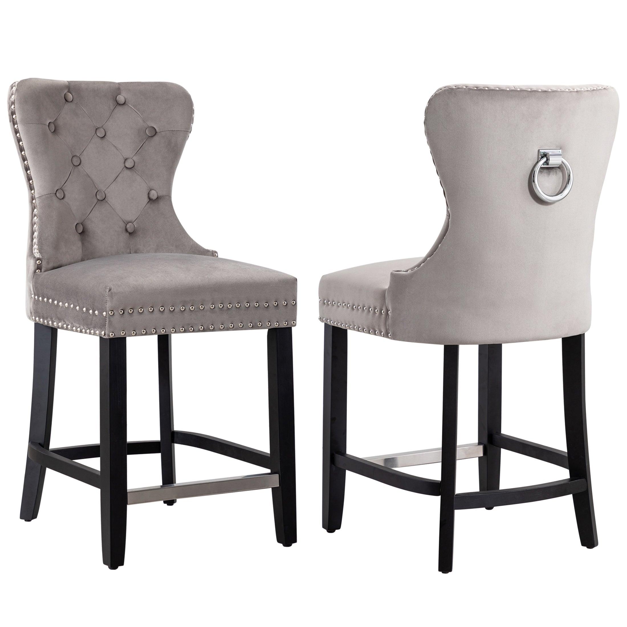 Hank 24" Tufted Velvet Bar Stool (Set of 2), Black/Velvet Gray