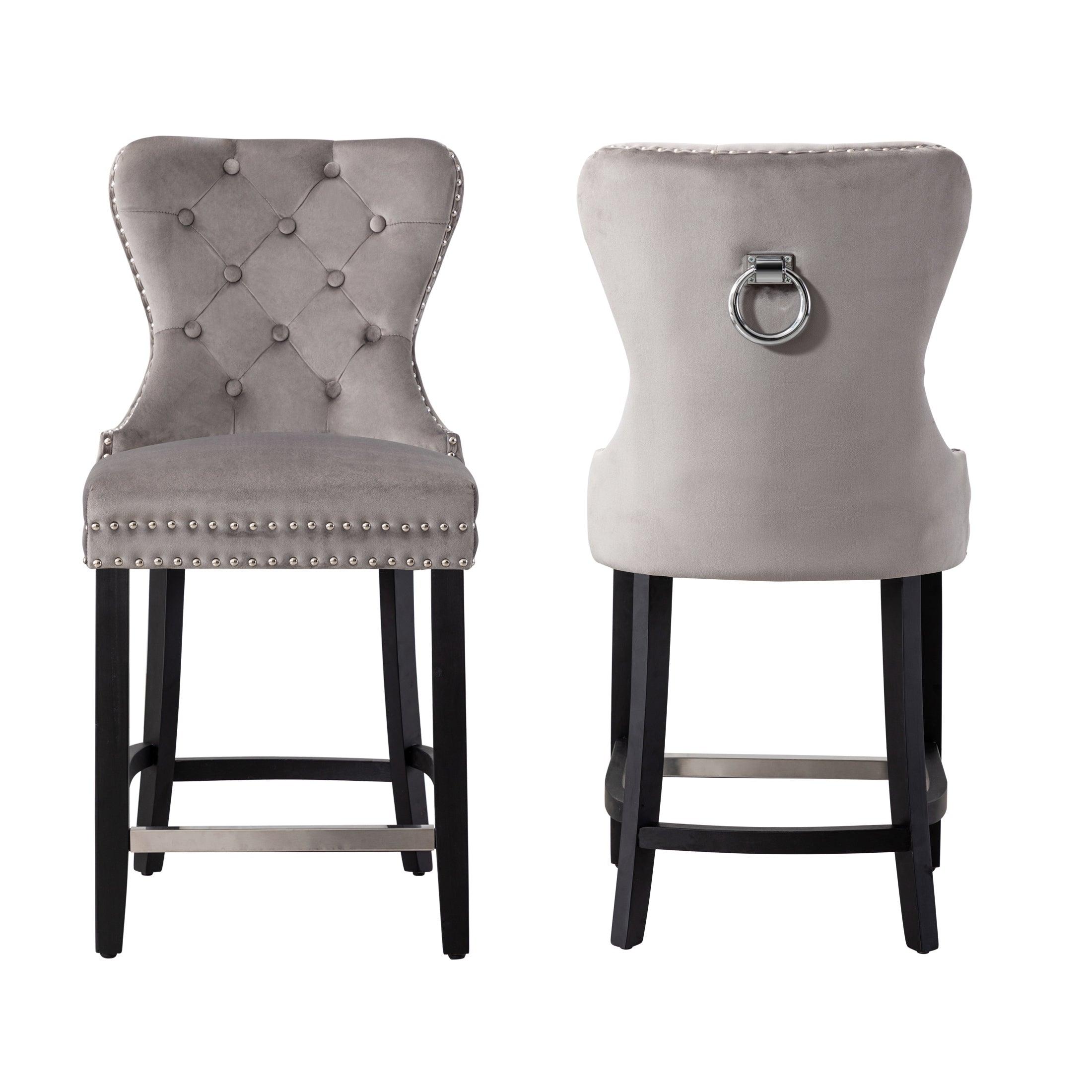 Hank 24" Tufted Velvet Bar Stool (Set of 2), Black/Velvet Gray