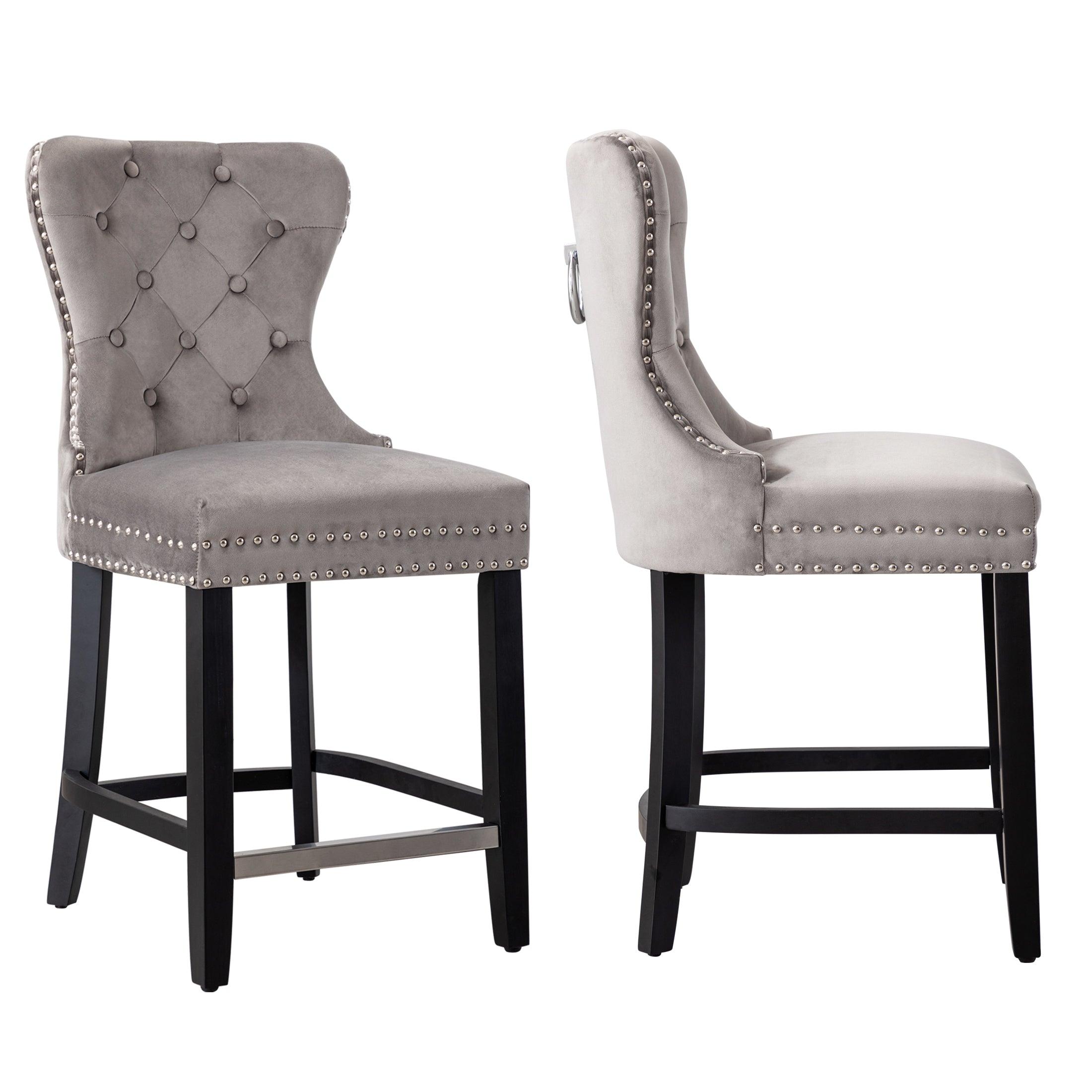 Hank 24" Tufted Velvet Bar Stool (Set of 2), Black/Velvet Gray