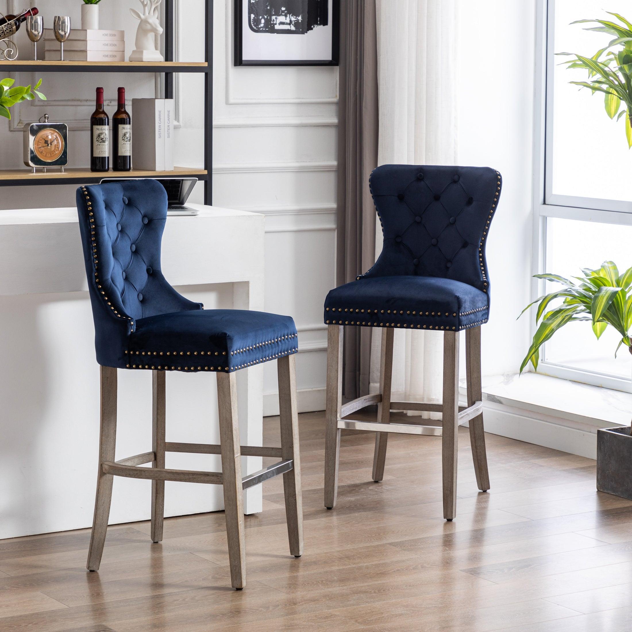 Hank 29" Tufted Velvet Counter Stool (Set of 2) Antique Gray/Velvet Navy Blue