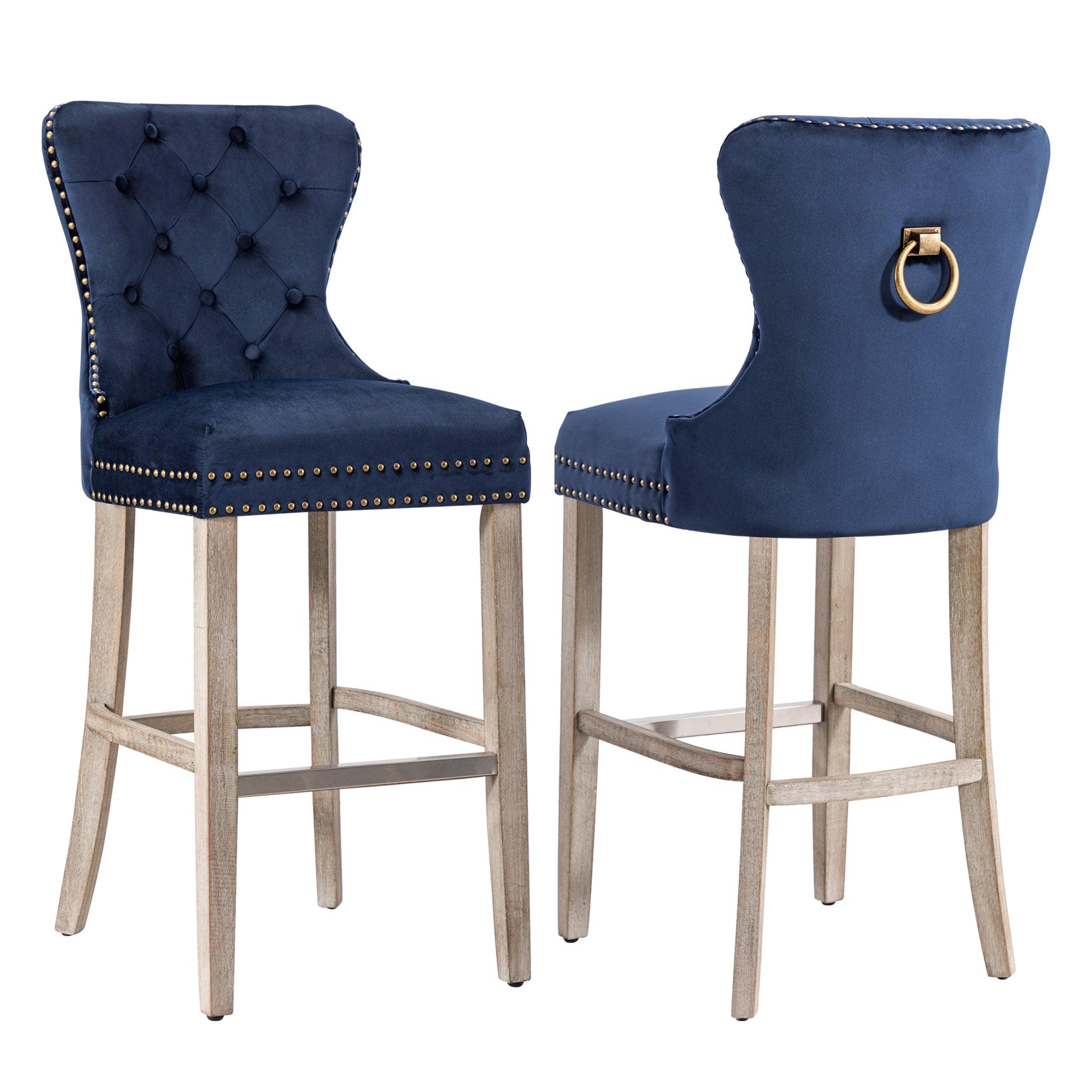 Hank 29" Tufted Velvet Counter Stool (Set of 2) Antique Gray/Velvet Navy Blue