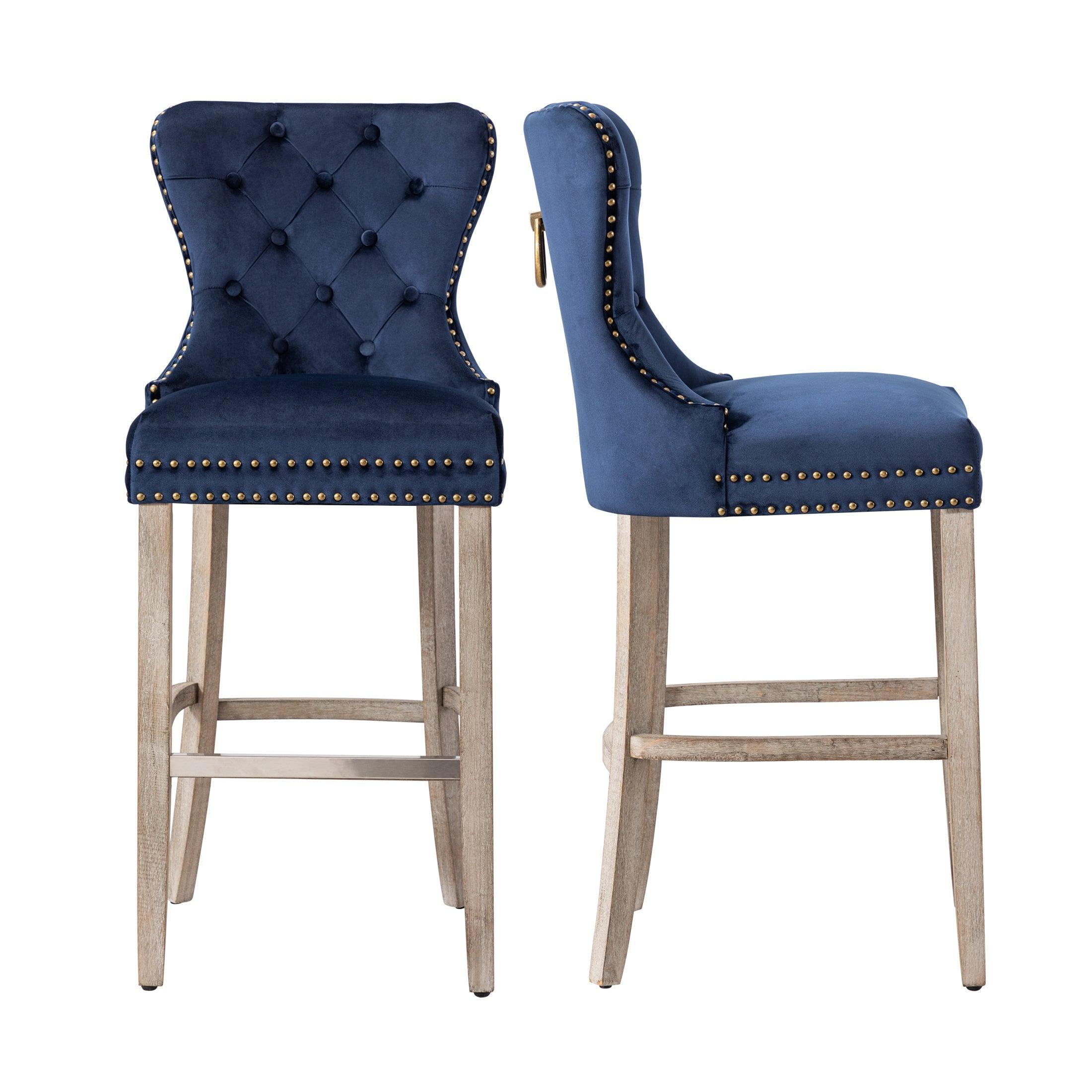 Hank 29" Tufted Velvet Counter Stool (Set of 2) Antique Gray/Velvet Navy Blue