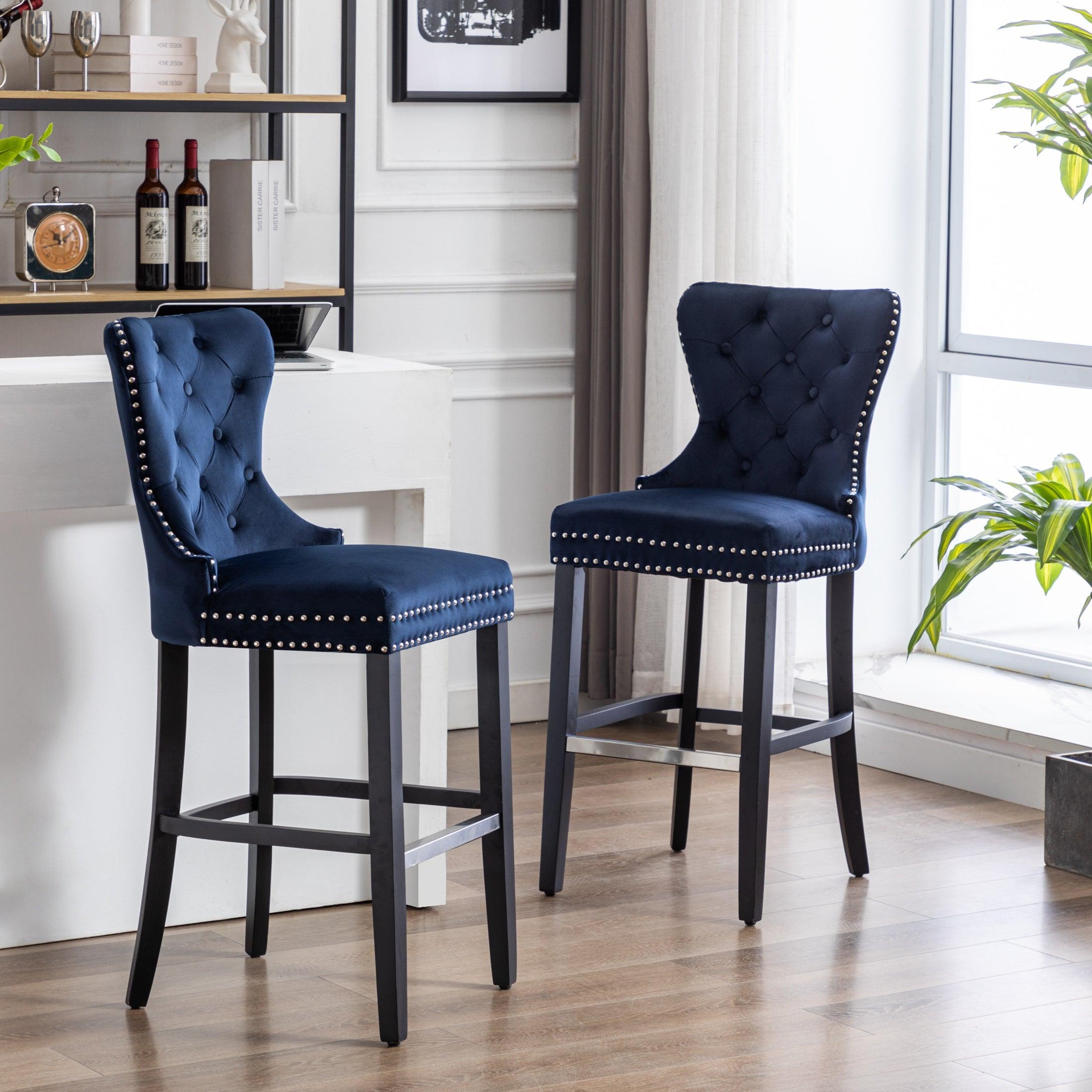 Hank 29" Tufted Velvet Counter Stool (Set of 2) Black/Velvet Navy Blue