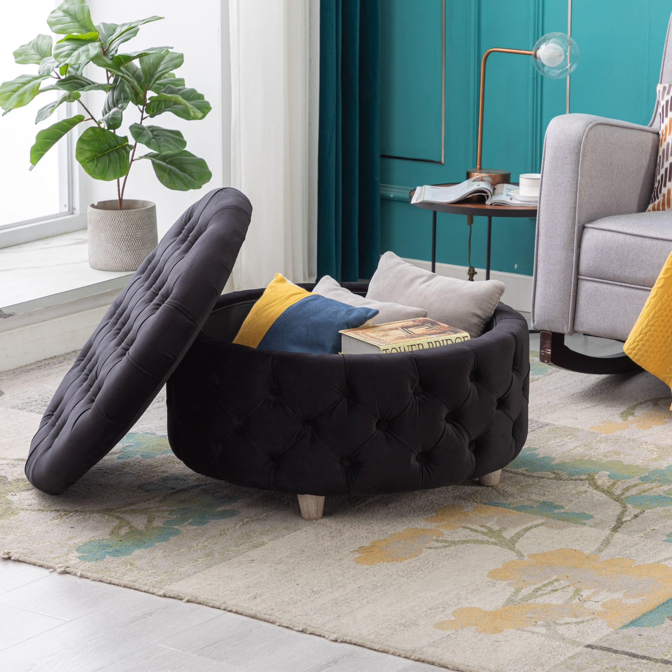 Alaia Round 29.5" Velvet Tufted Storage Ottoman - Costaelm