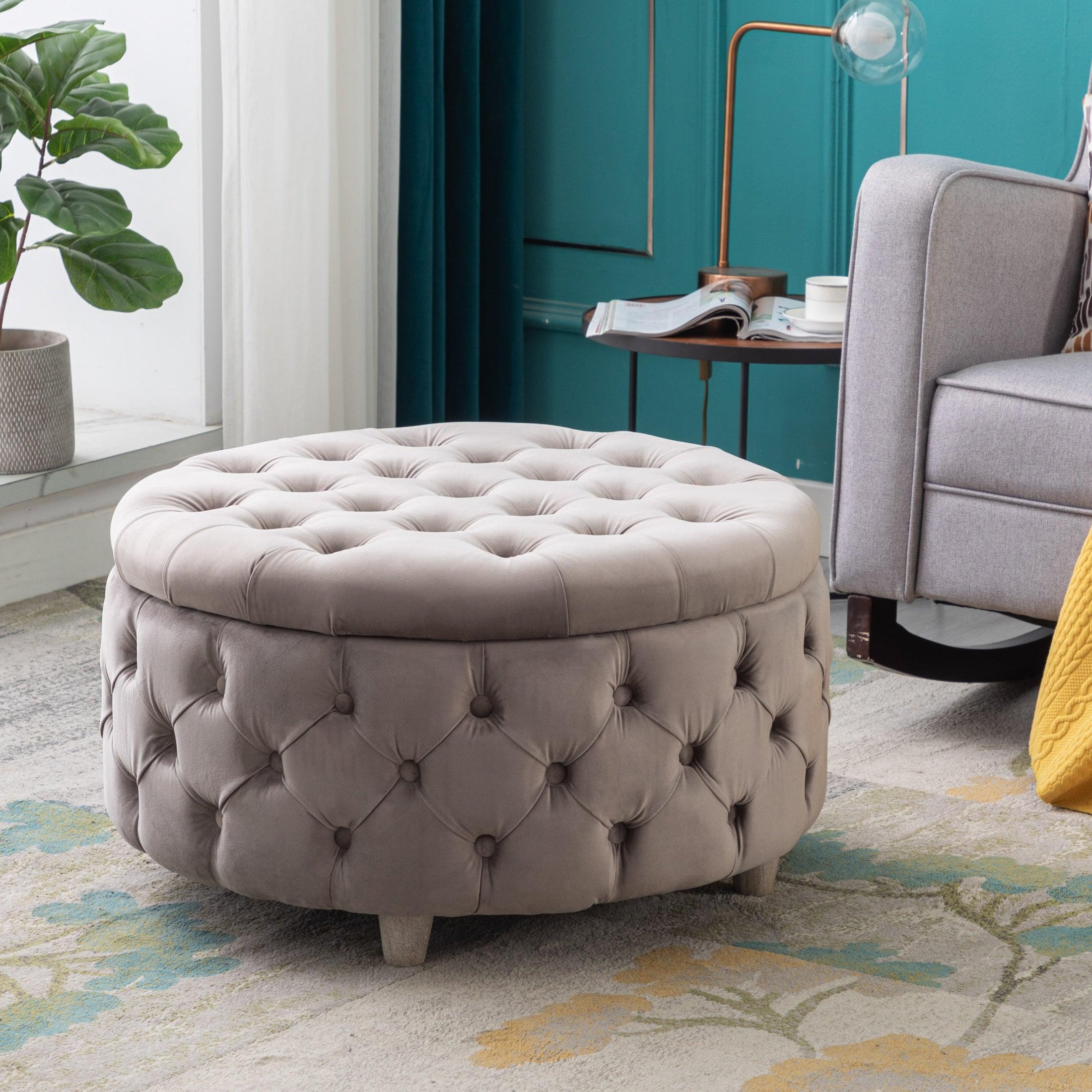 Alaia Round 29.5" Velvet Tufted Storage Ottoman - Costaelm