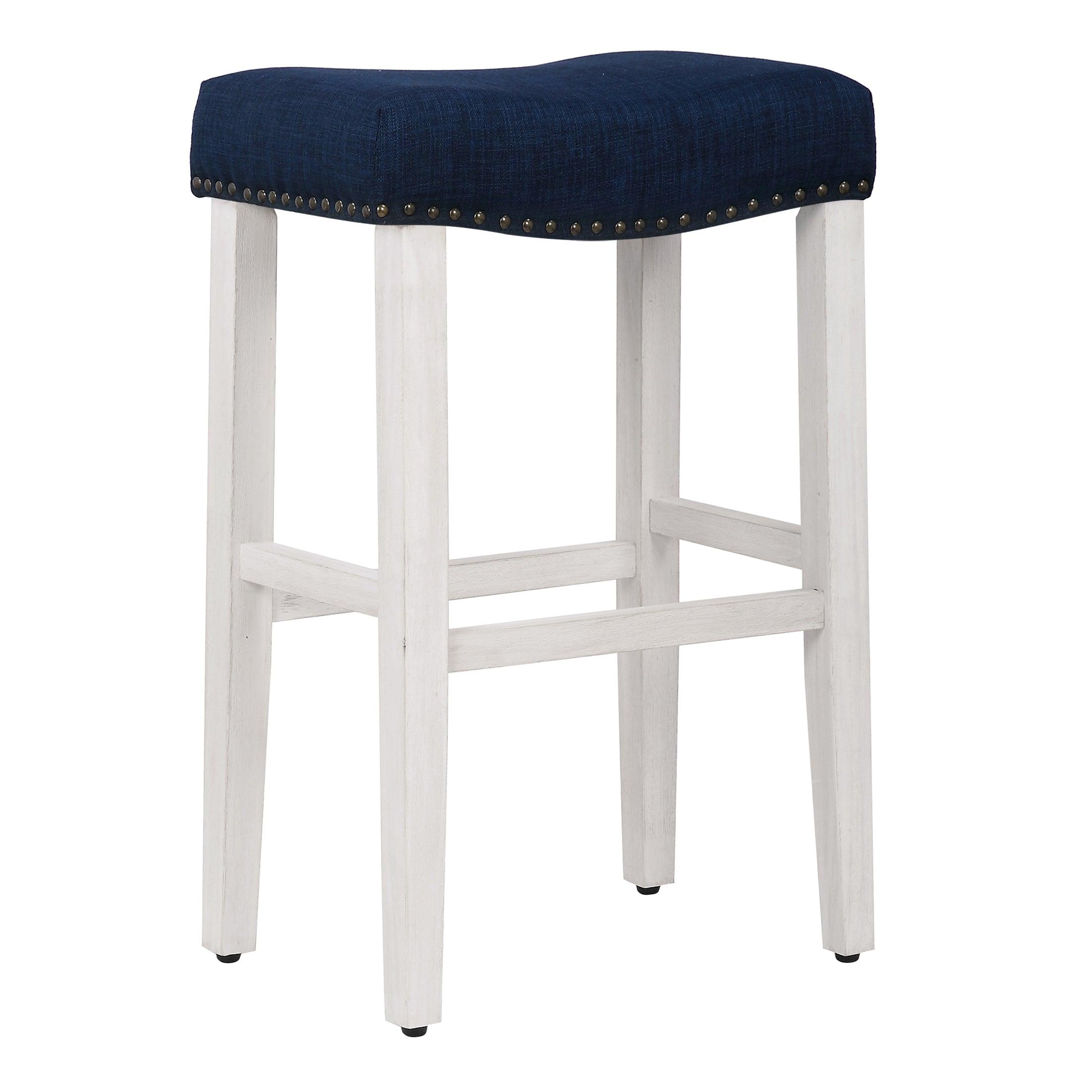 Costaelm 29" Inch Upholstered Saddle Seat Counter Stool (Set of 2), Antique White/Navy Blue