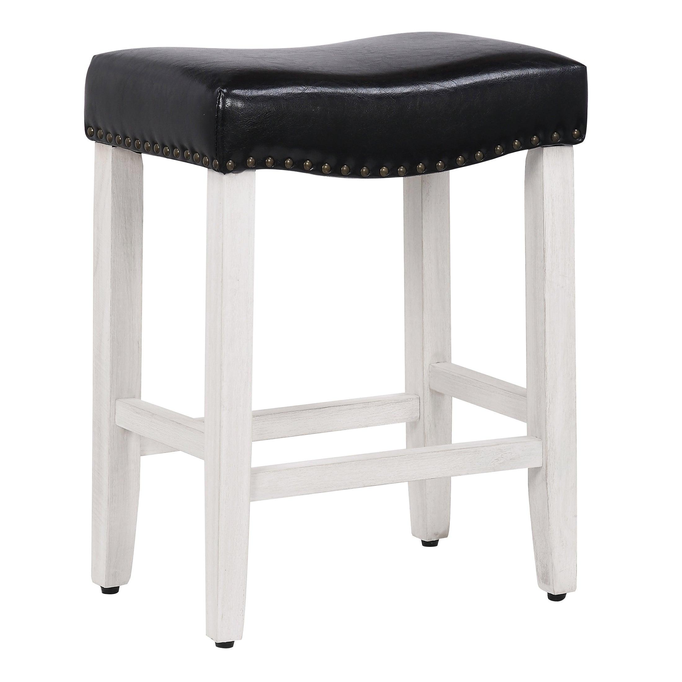 Willow 24" Upholstered Saddle Seat Bar Stool, Antique White/Leather