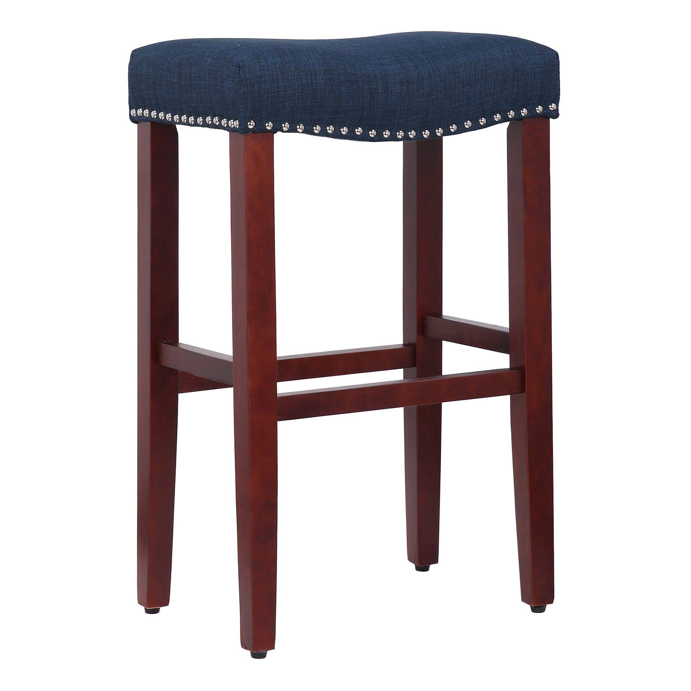 Frankllin 29" Upholstered Saddle Seat Counter Stool (Set of 2), Cherry/Navy Blue