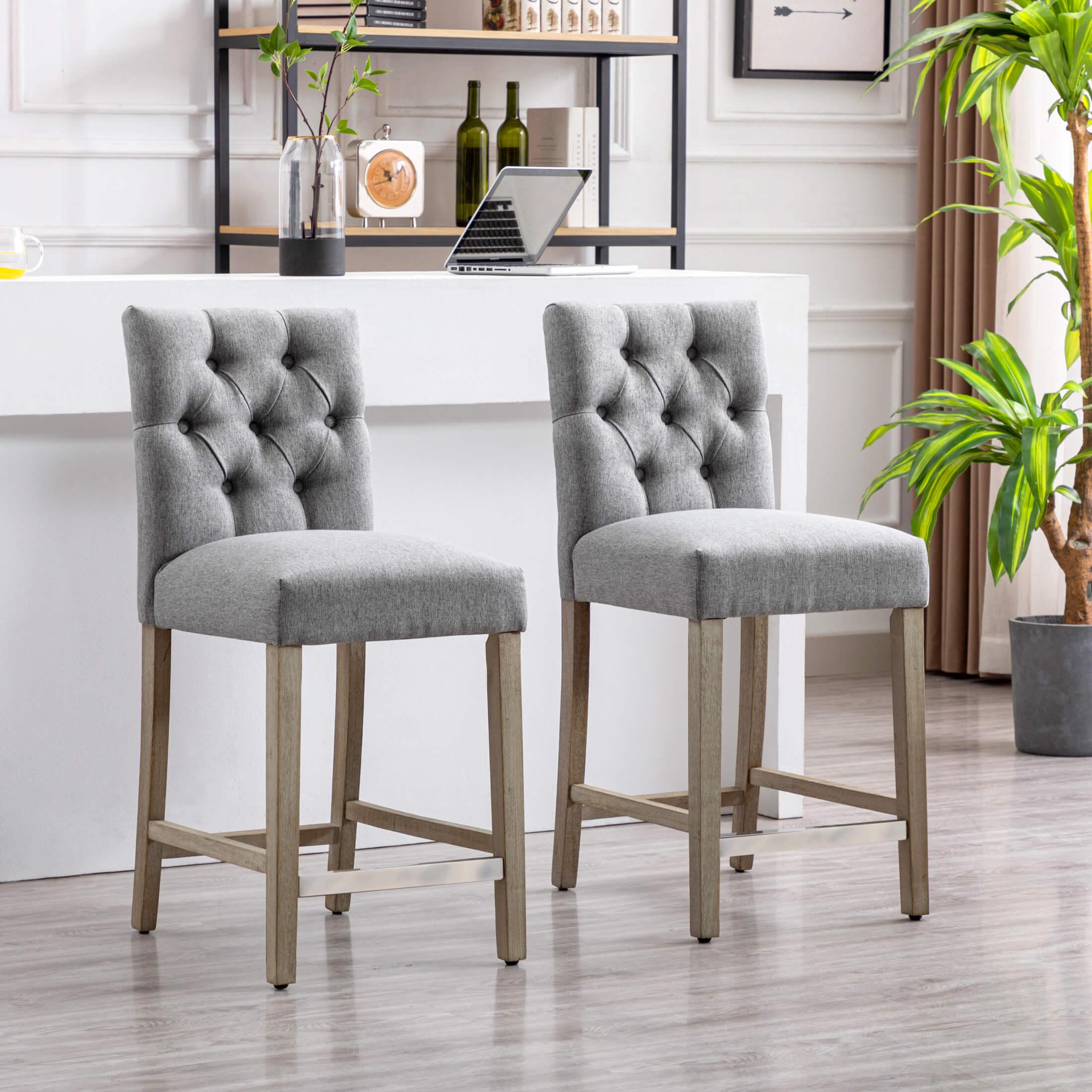 Jameson 24" Linen Fabric Tufted Upholstered Bar Stool Antique Gray (Set of 2)-Costaelm