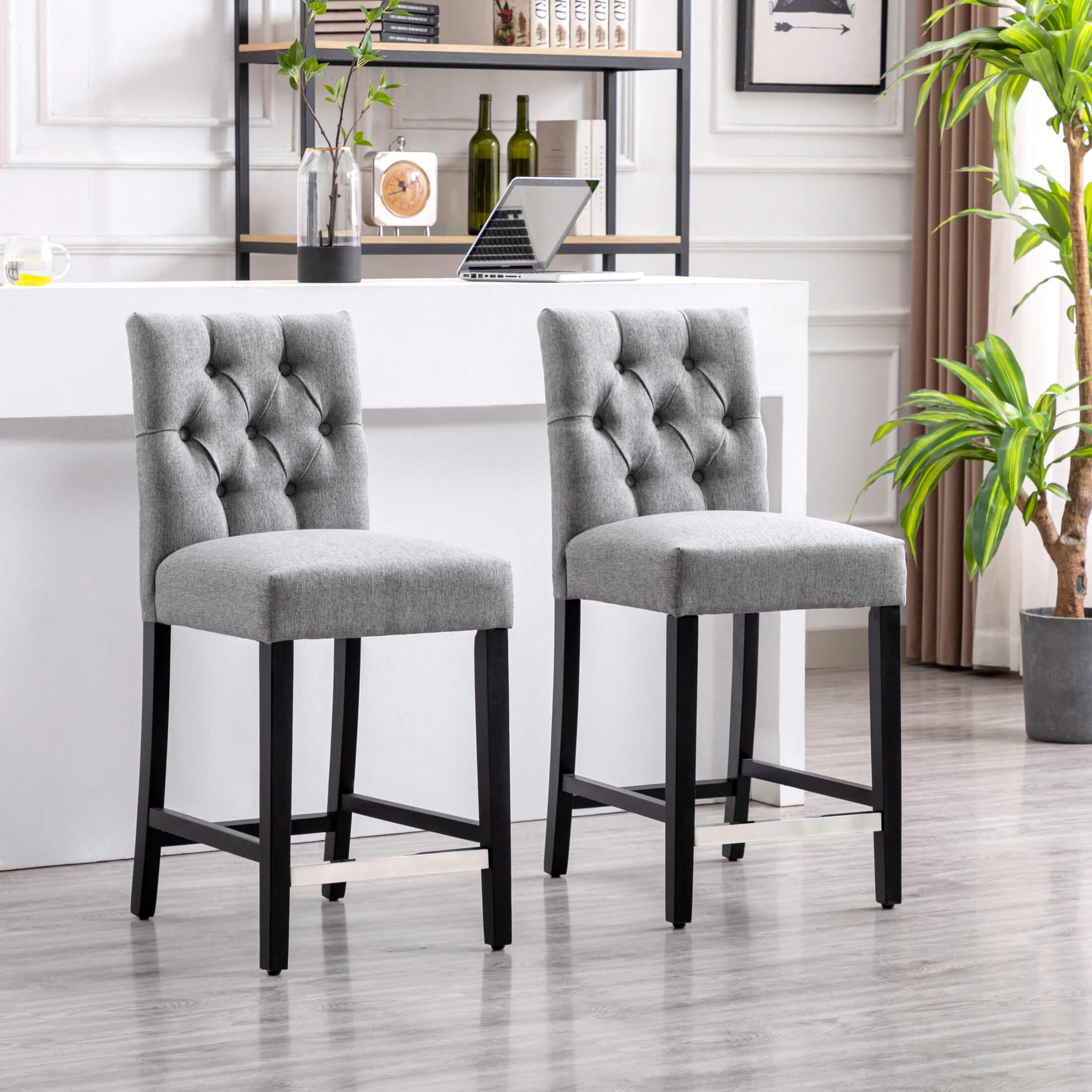 Jameson 24" Linen Fabric Tufted Upholstered Bar Stool Black (Set of 2)-Costaelm