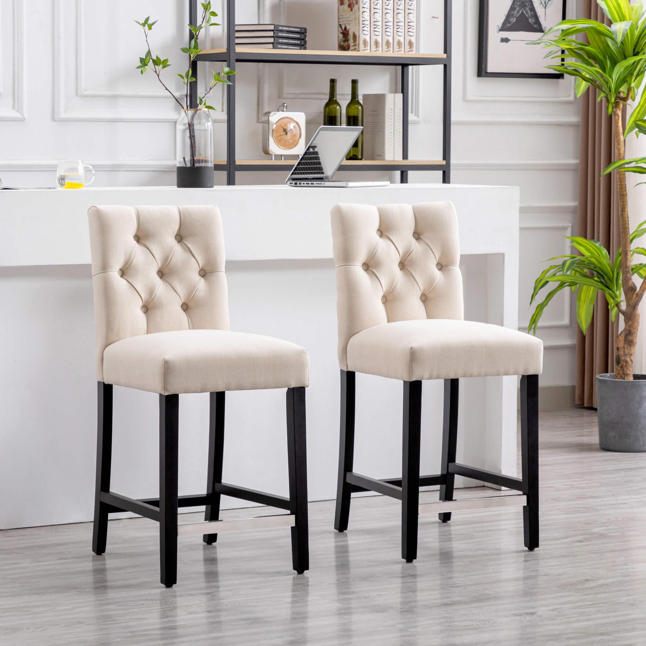 Jameson 24" Linen Fabric Tufted Upholstered Bar Stool Black (Set of 2)-Costaelm