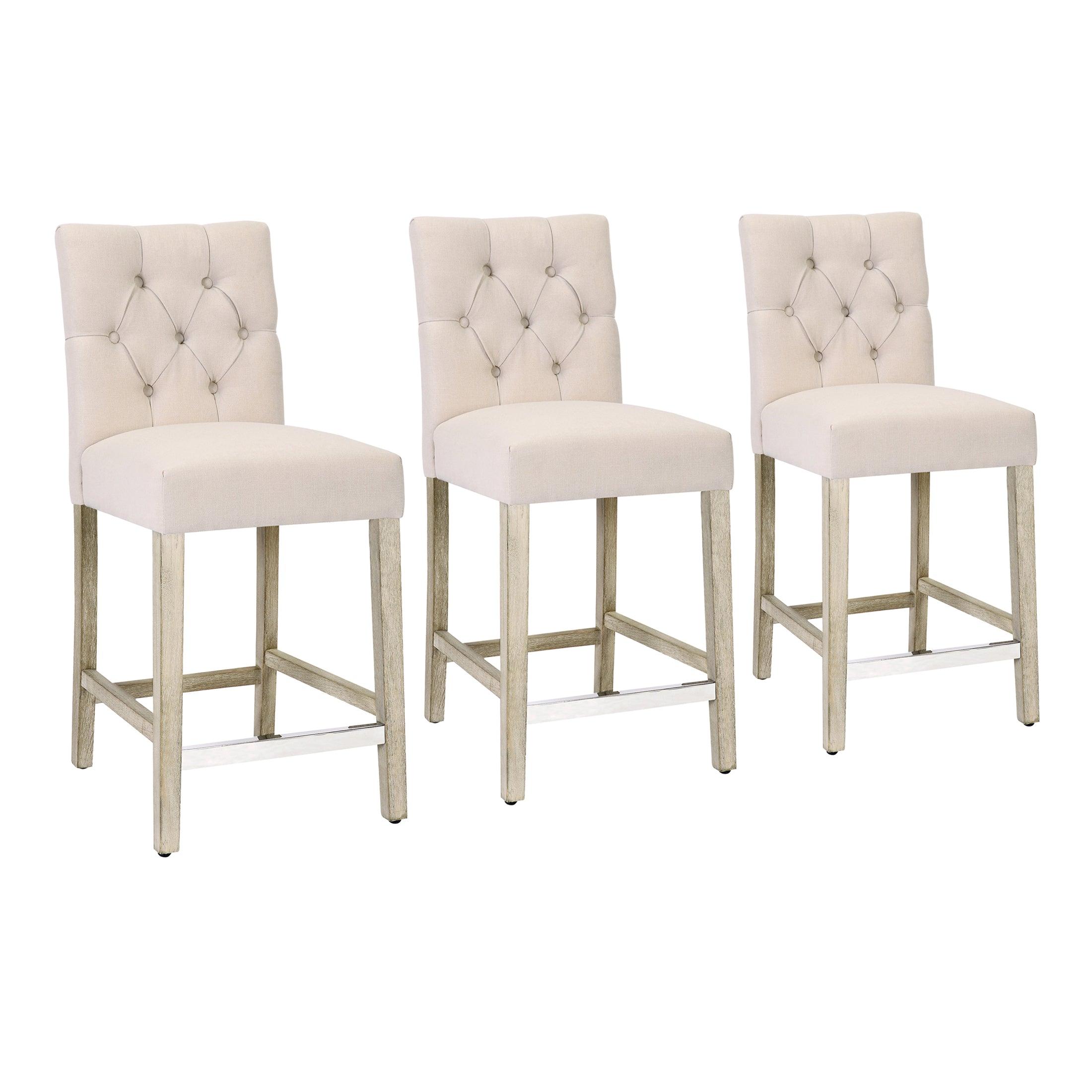 Jameson 24" Linen Fabric Tufted Upholstered Counter Stool (Set of 3) - Costaelm