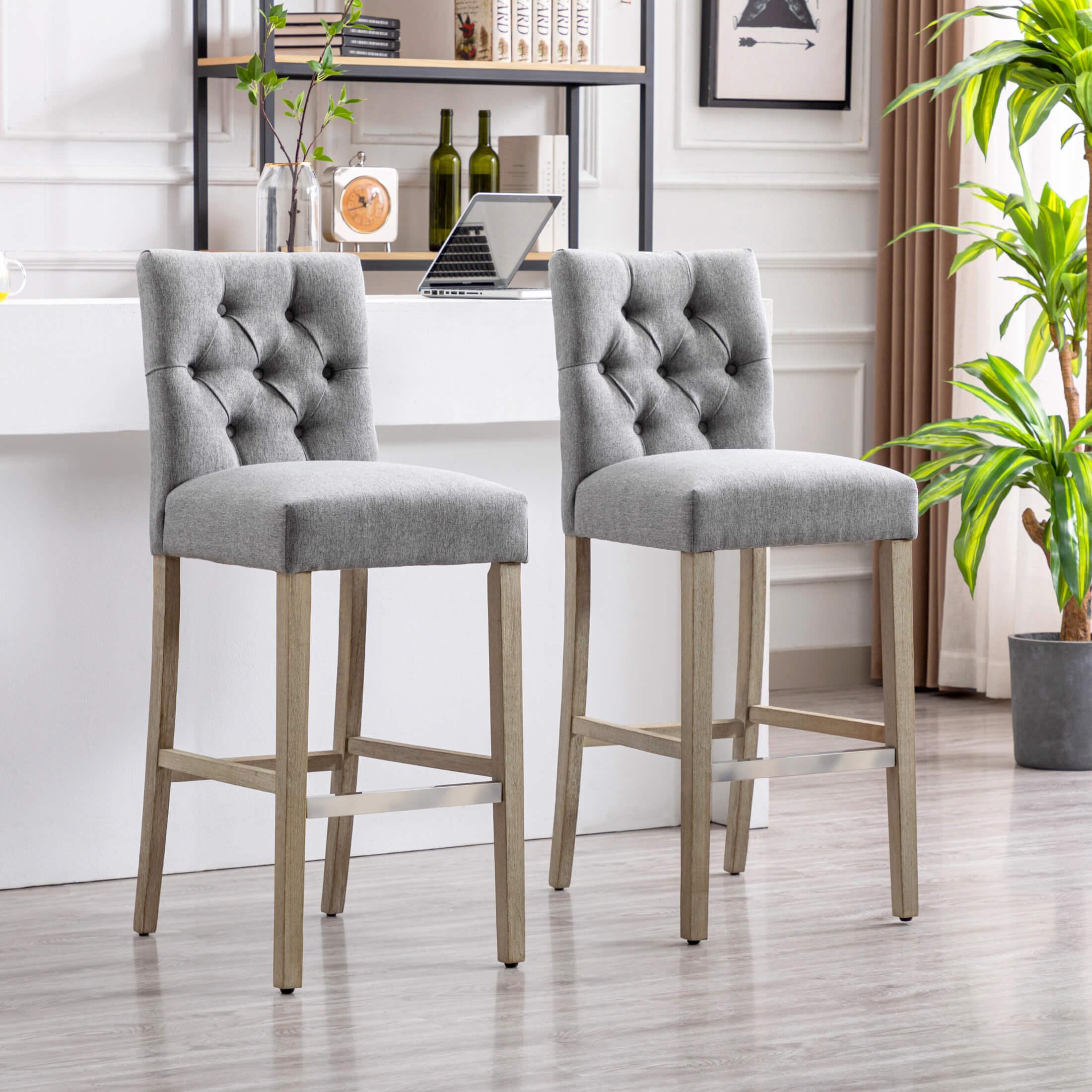 Jameson 29" Linen Fabric Tufted Upholstered Bar Stool Antique Gray (Set of 2)-Costaelm