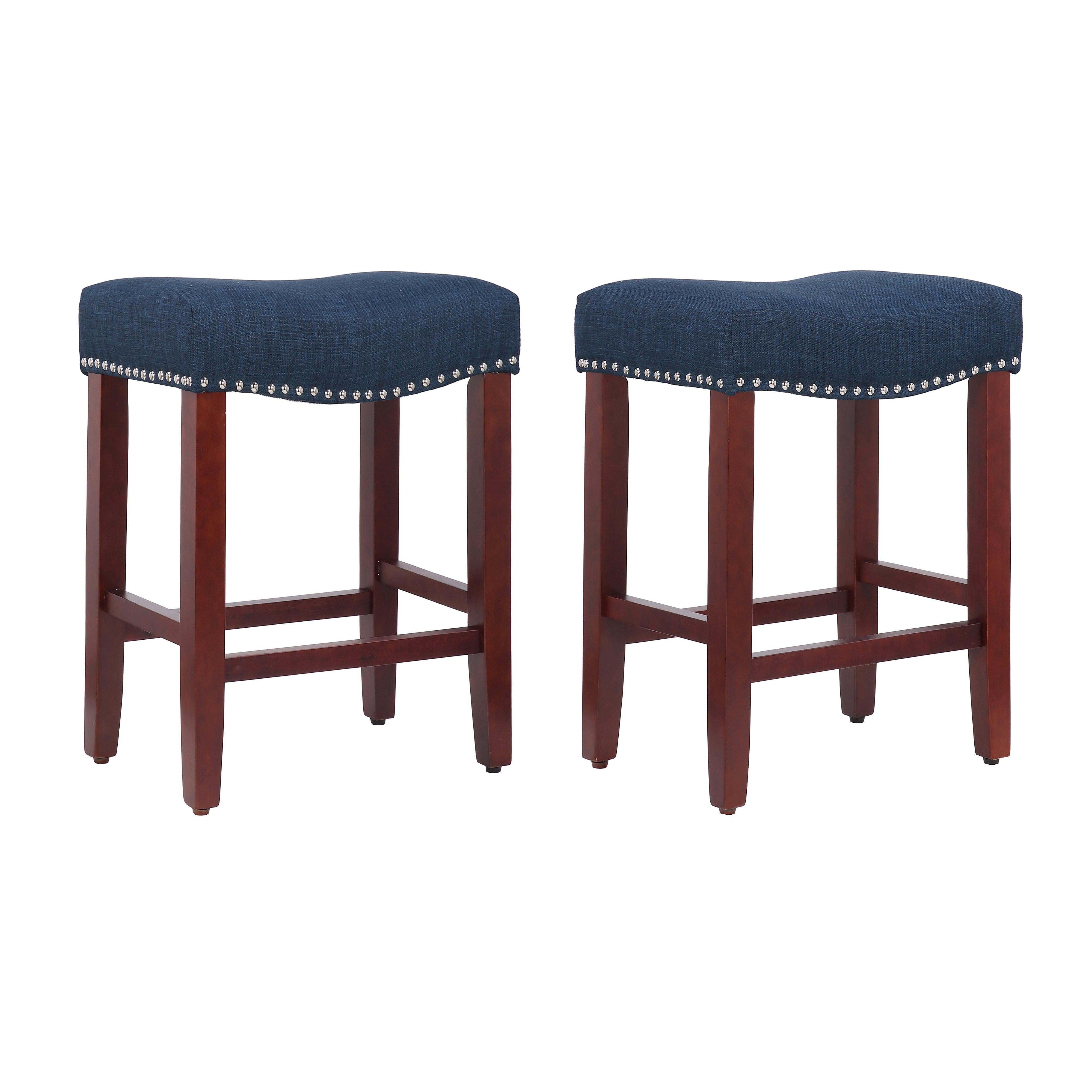 Frankllin 24" Upholstered Saddle Seat Bar Stool (Set of 2), Cherry/Navy Blue