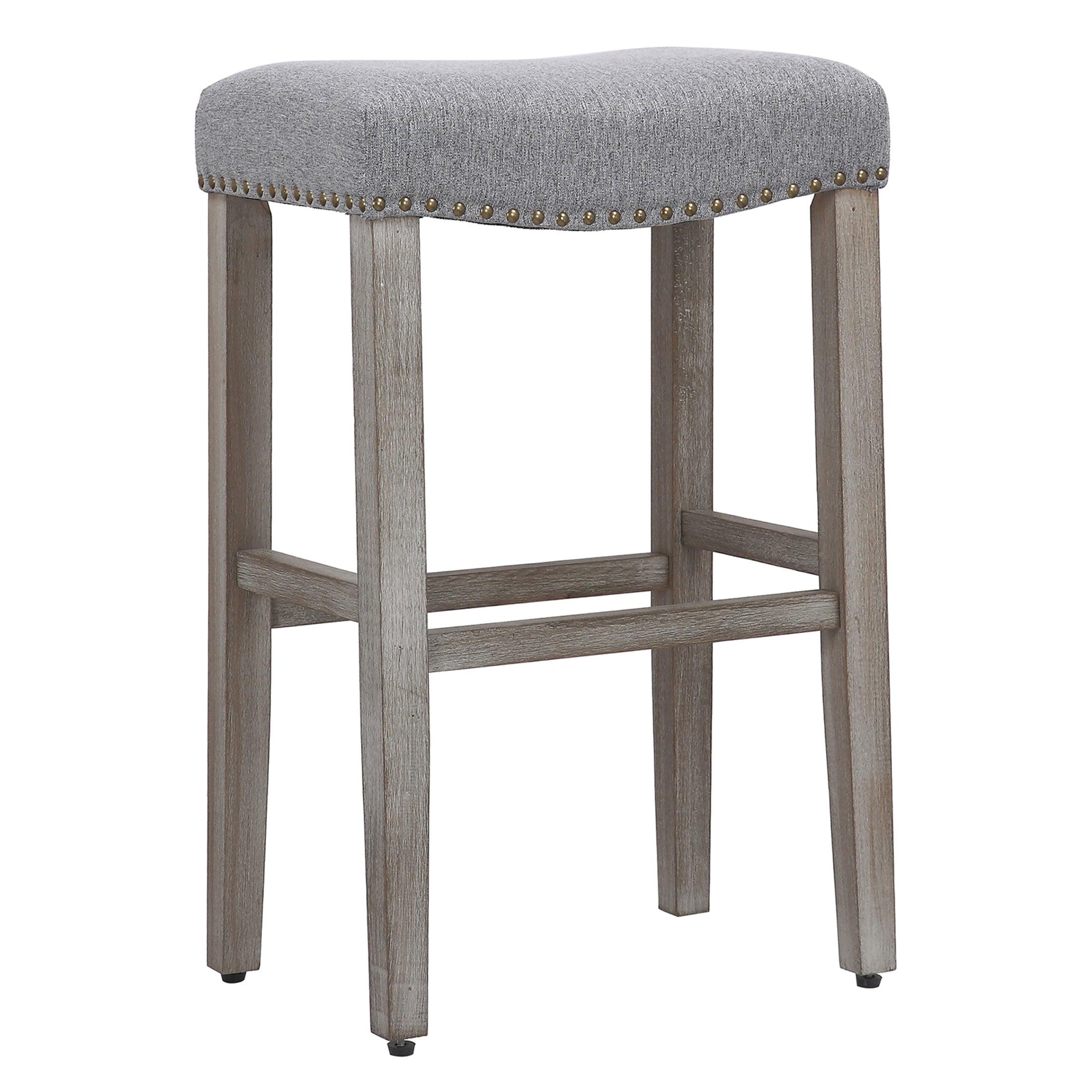 Lindsey 29" Upholstered Saddle Seat Bar Stool (Set of 2), Antique Gray/Gray