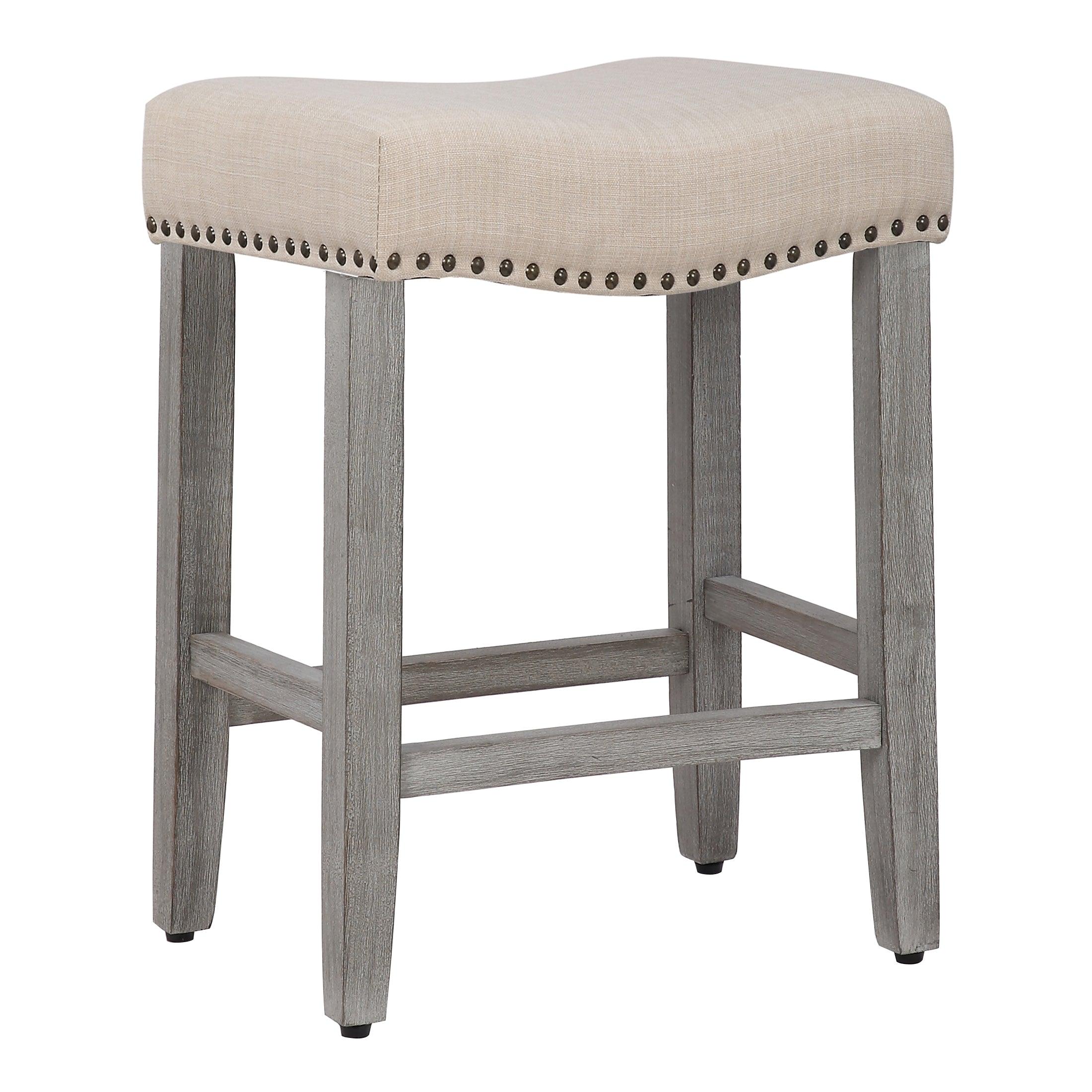 Lindsey 24" Upholstered Saddle Seat Bar Stool (Set of 2), Antique Gray/Beige