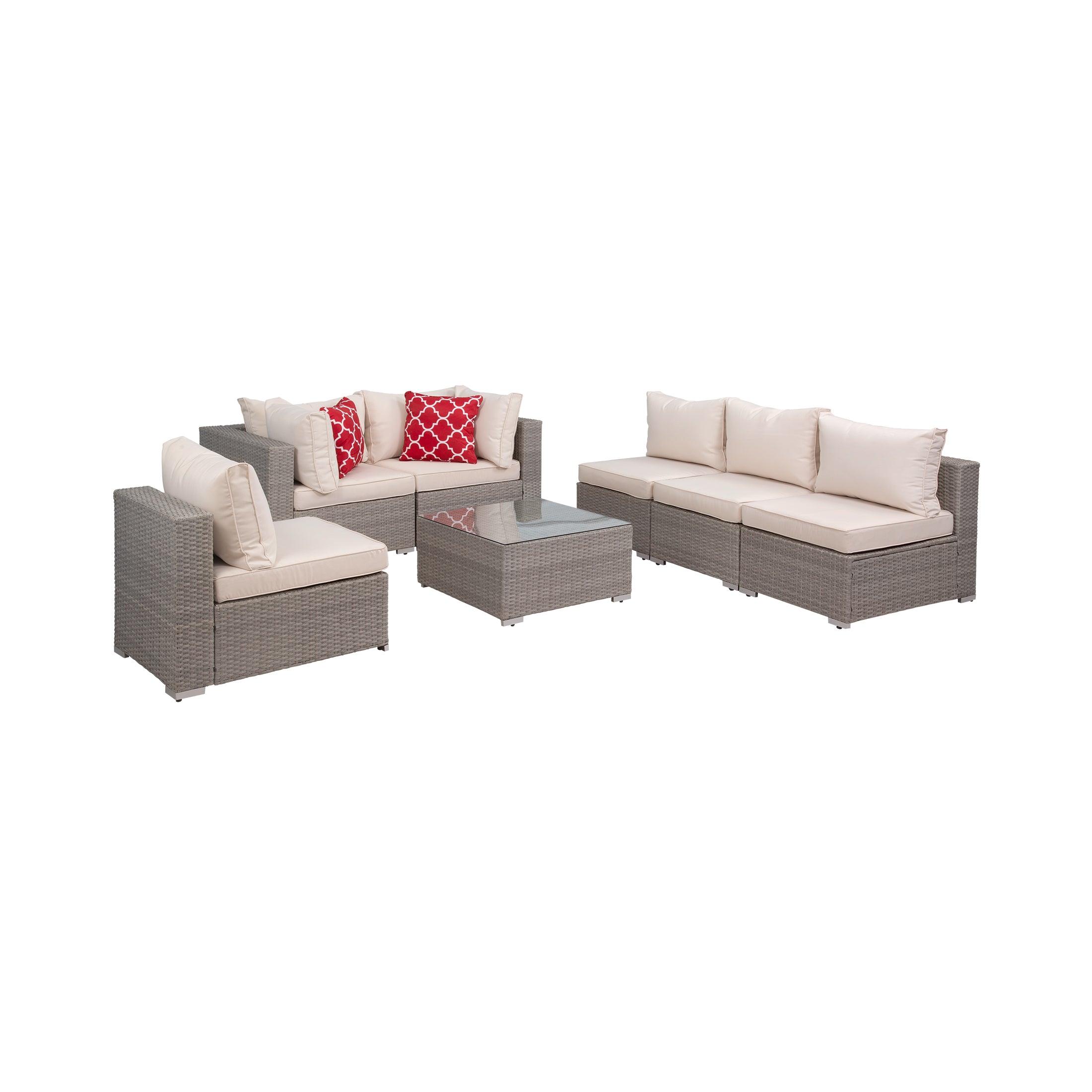 London 7-Piece Outdoor Patio Rattan Wicker Conversation Modular Sofa Sectional Set Gray/Ivory - Costaelm