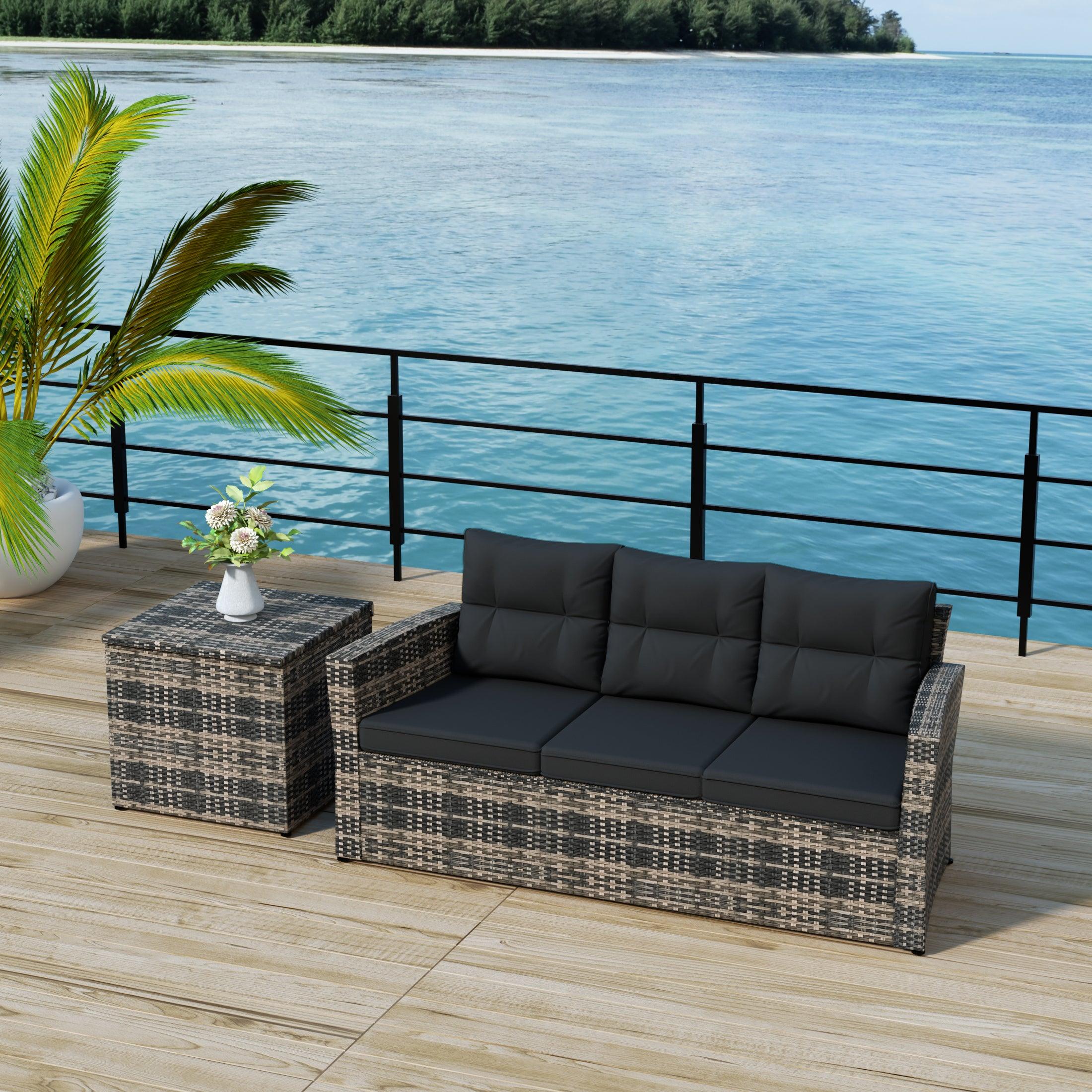 Maldives 2-Piece Set Outdoor Patio Sofa with Storage Side Table Included Brown PE Rattan - Costaelm