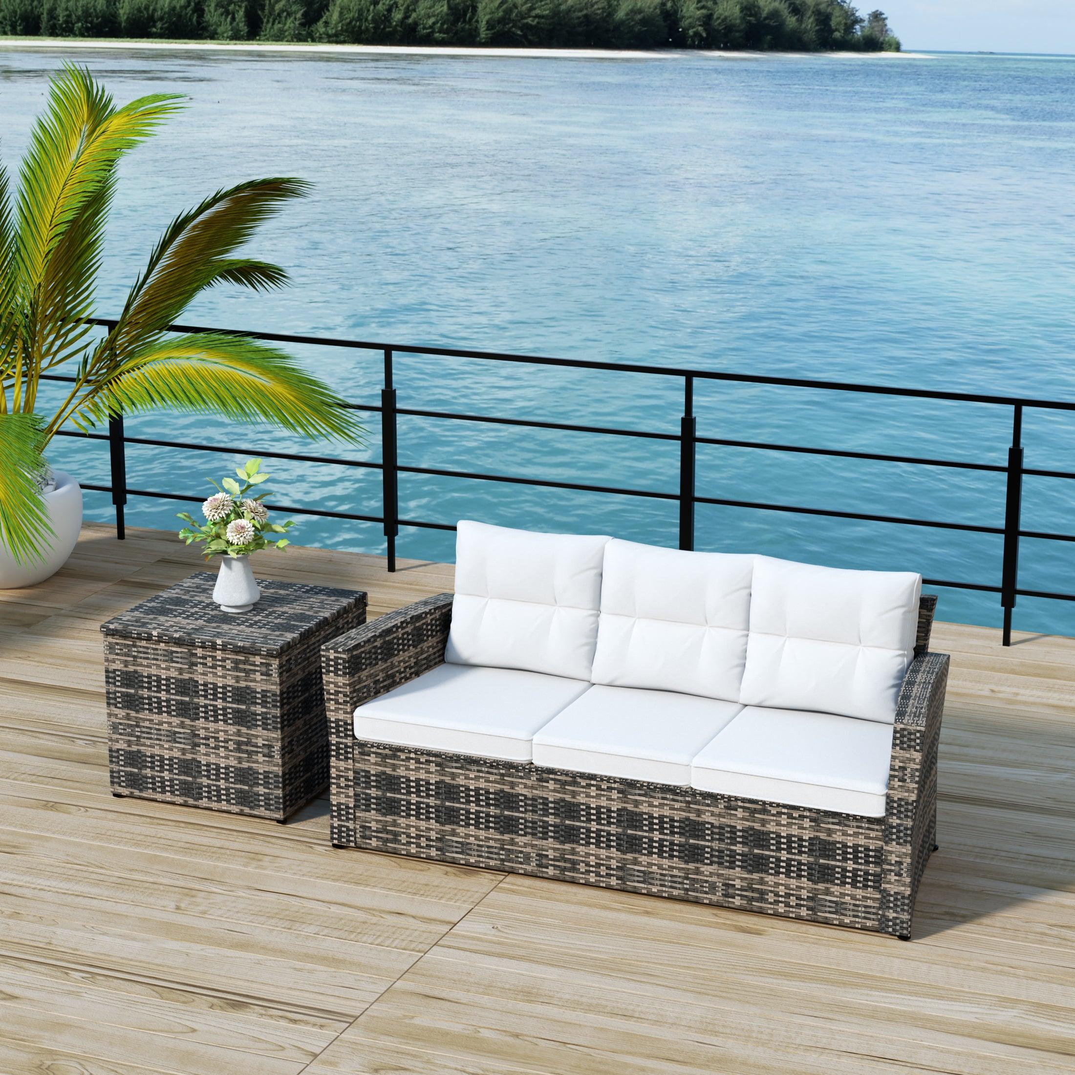 Maldives 2-Piece Set Outdoor Patio Sofa with Storage Side Table Included Brown PE Rattan - Costaelm