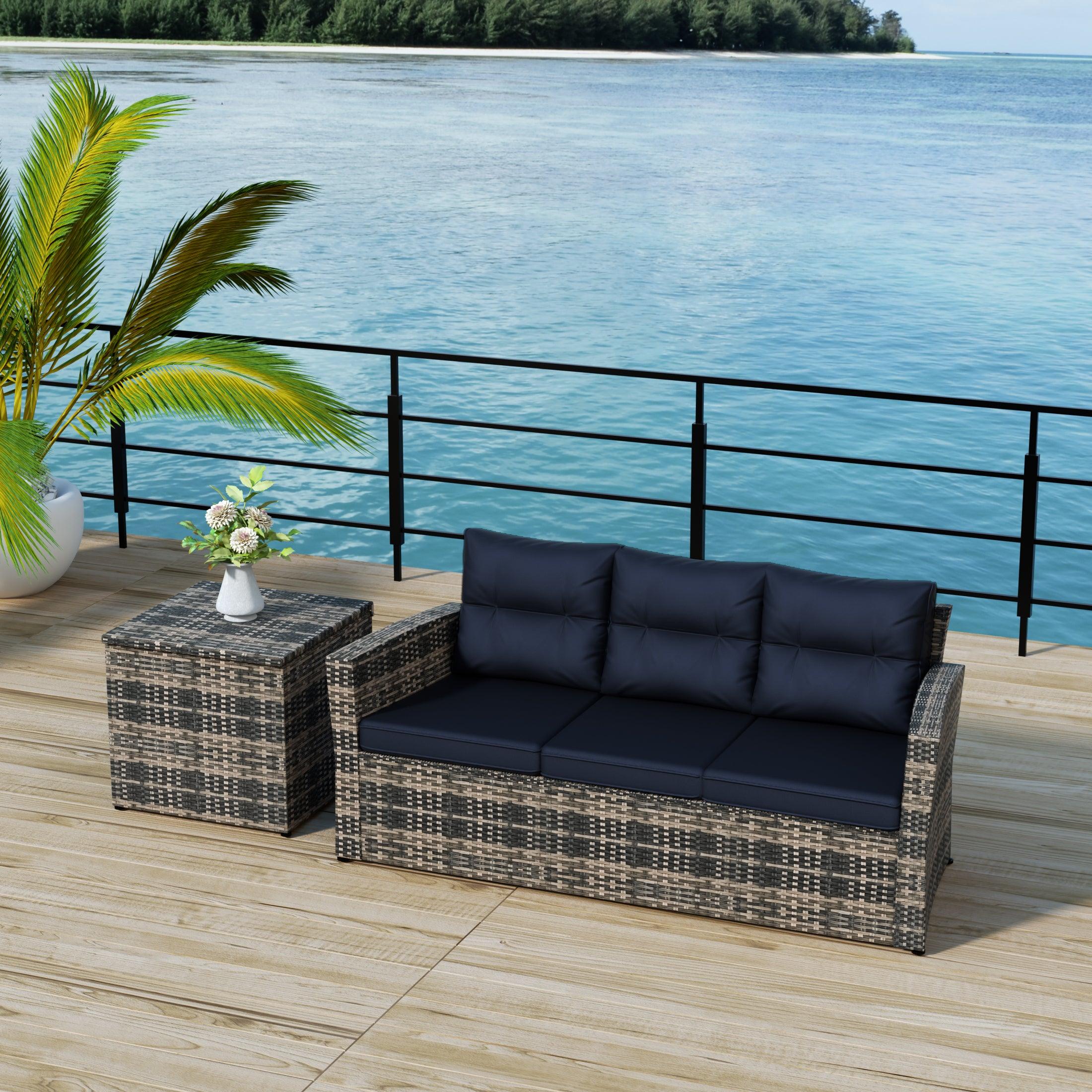 Maldives 2-Piece Set Outdoor Patio Sofa with Storage Side Table Included Brown PE Rattan - Costaelm